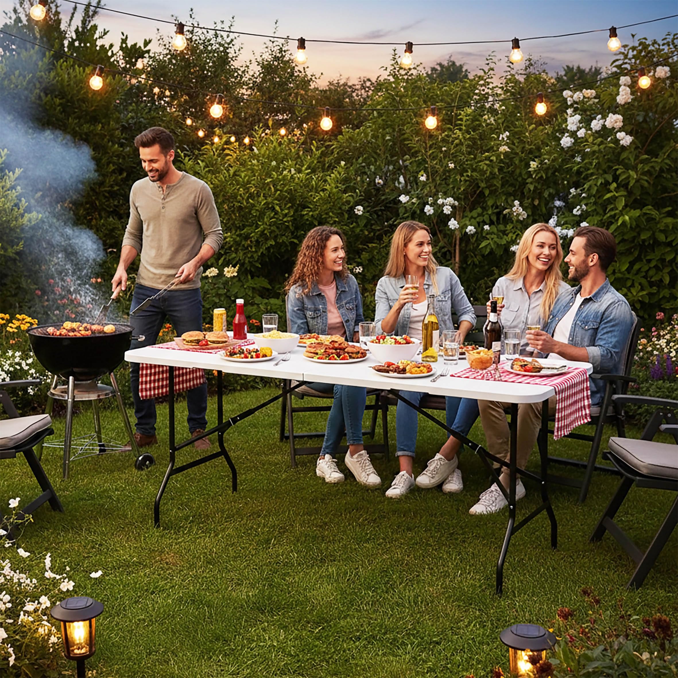 Spetebo XL Klapptisch weiß 180x68 cm mit Stahlgestell | Wetterfest, Klappbar mit Tragegriff, Für Garten Balkon Camping, Tragbar