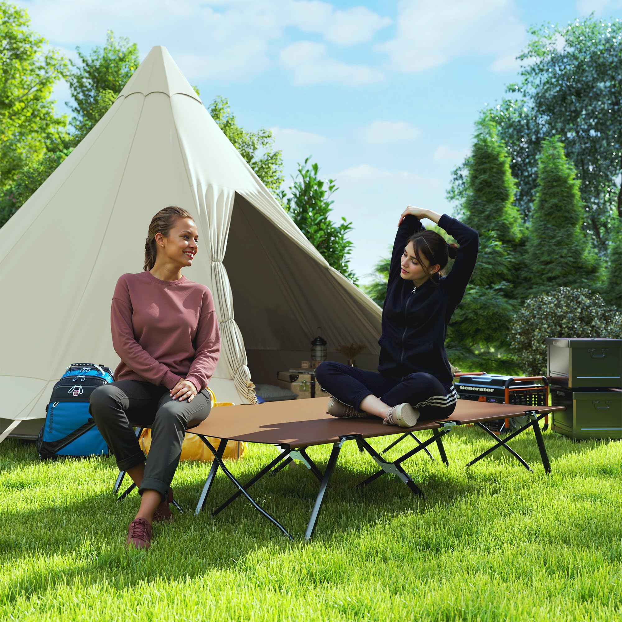 Lit de camping double Outsunny Lit de camp pliable Transat d'extérieur Lit de jardin ultra léger avec sac de transport (kaki)