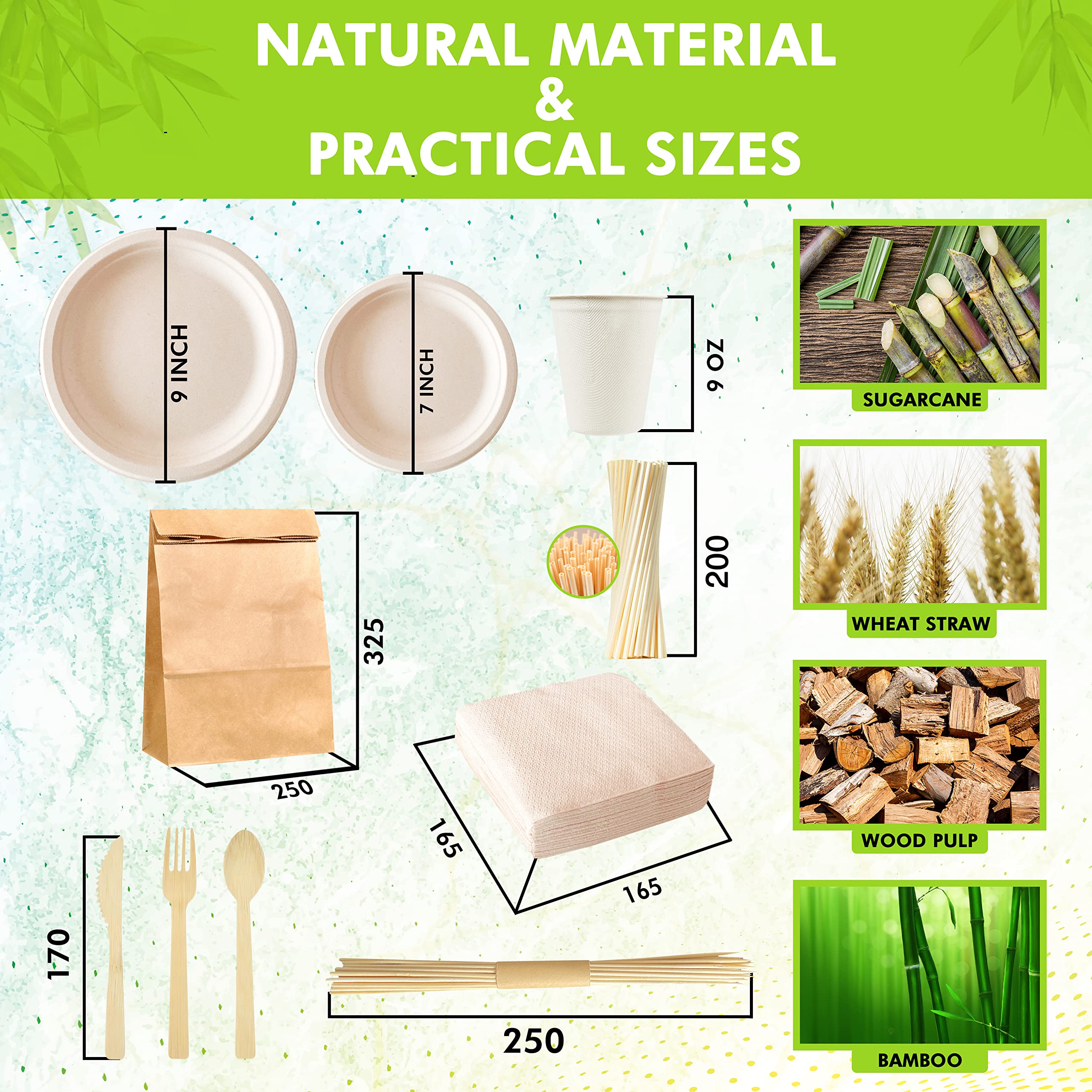 vajilla desechable set 227 pcs, platos desechables compostables - Bagazo de caña de azúcar de papel, Cubiertos de bambú - cuchillo, tenedor,cuchara, Vasos, Servilletas, Pajitas, Palitos para brochetas