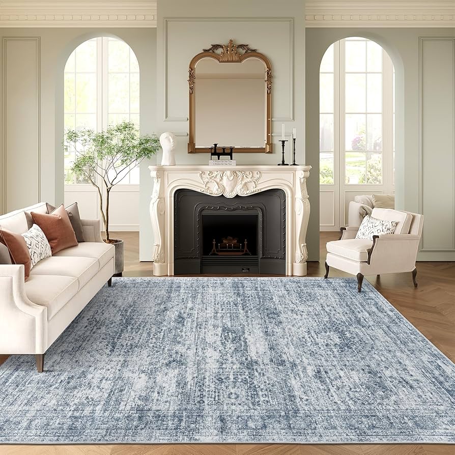 Washable Area Rug 8x10, Large Soft Rugs for Living Room Vintage Blue Rug 8x10 Area Rugs for Bedroom Dining Room Non-Slip Stain Resistant Under Table Rug