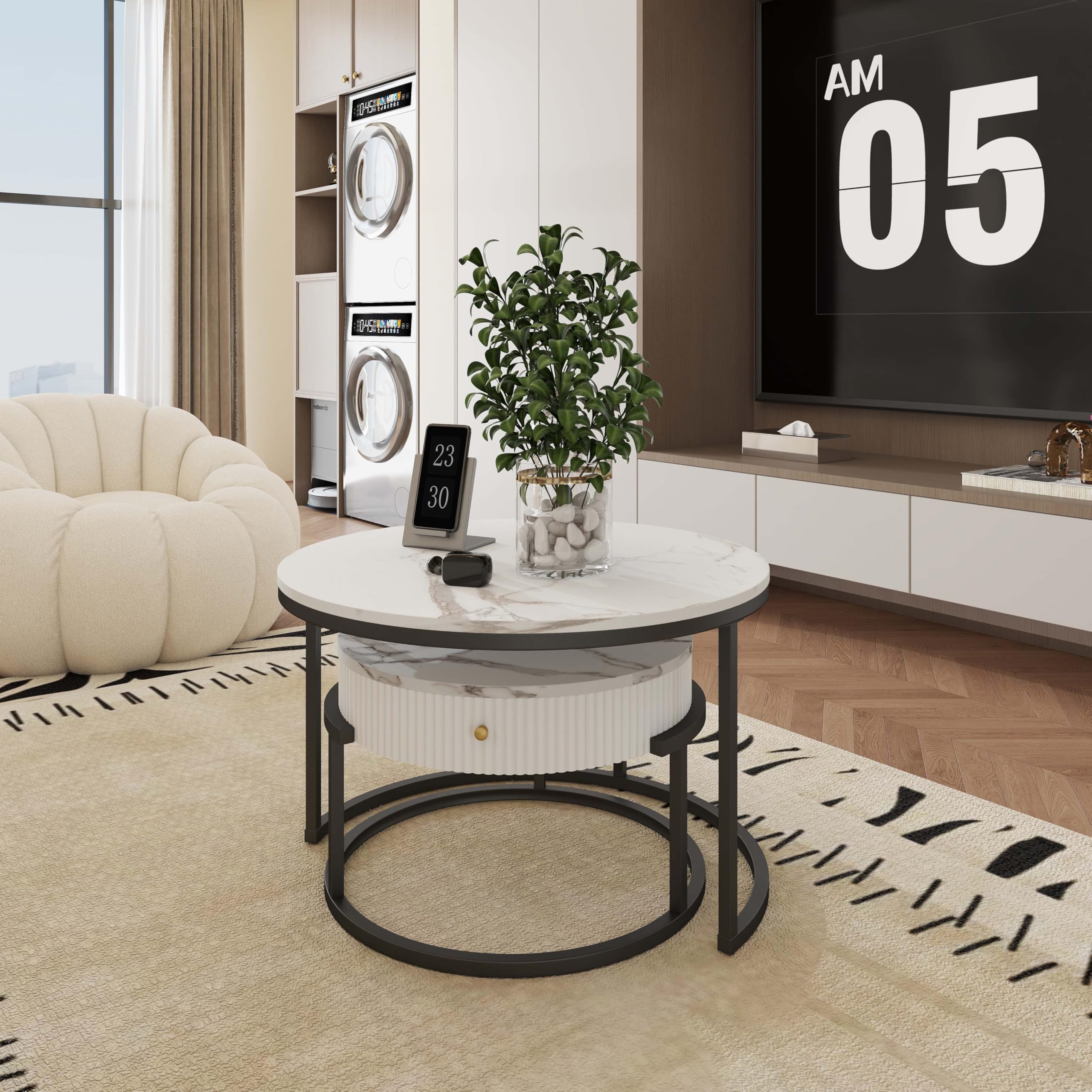 Tavolino da Divano, Tavolino Salotto Moderno Rotondo a cornice nera set di 2 pezzi, Tavolo Bianco con effetto marmo e cassetto