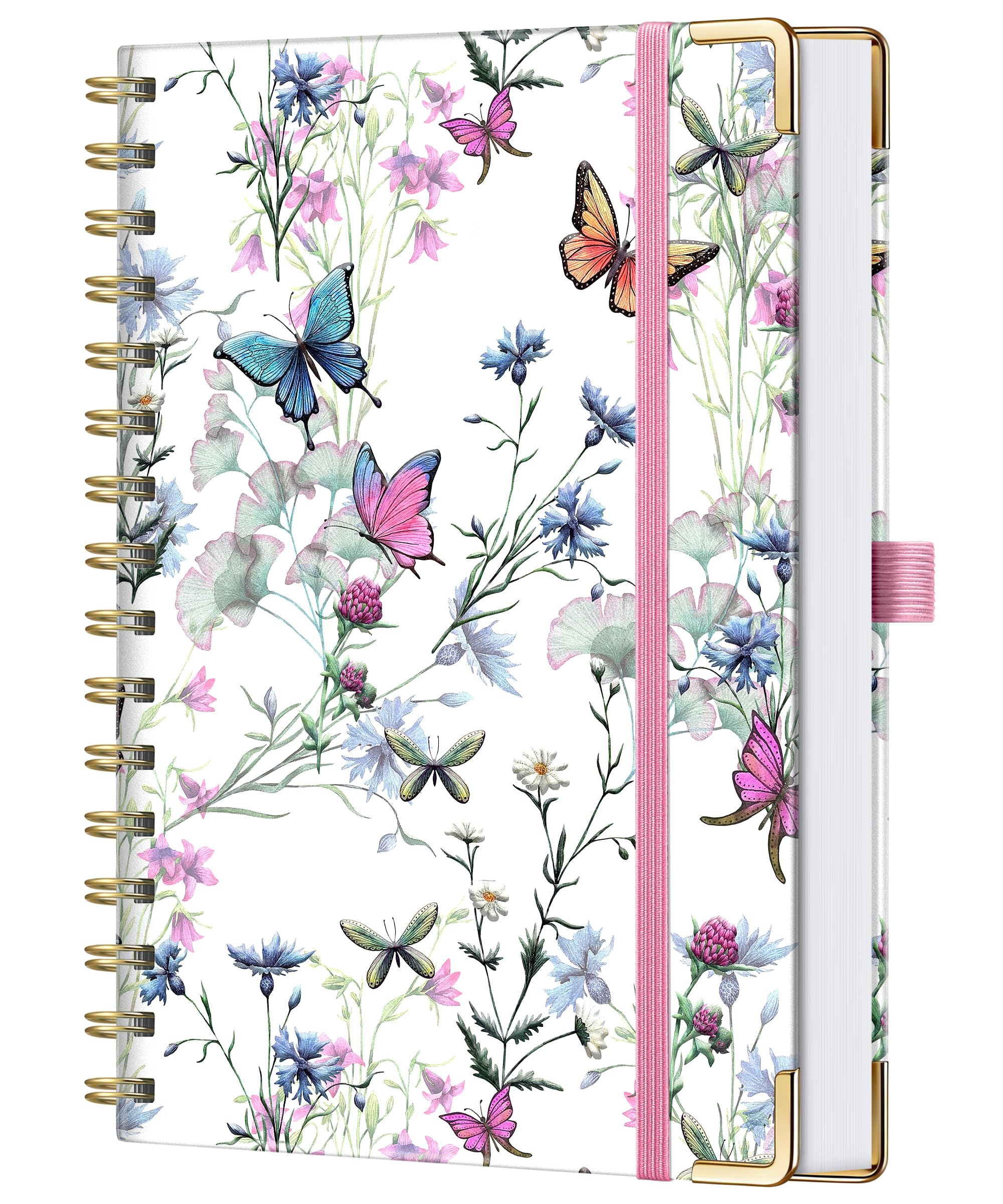 HwxBen Spiral Notebook A5 Hardcover Journal – 176 Pages Premium Thick Paper, Elastic Closure, Pen Loop, Inner Pocket, Lay-Flat Wirebound Notebook for Work, Study, Meetings & Daily Notes,Flower Cover