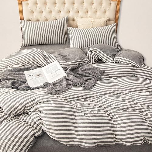 PURE ERA - Juego de fundas de edredón de punto 100% de algodón, súper suaves, cómodas, diseño clásico a rayas con cierre de cremallera, tamaño Queen