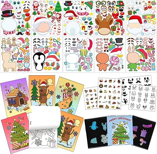 Miniatura 8 de JOYIN Juego de 20 calcomanías navideñas para hacer la cara, 10 libros para colorear, 10 piezas de color arcoíris, kit de arte navideño y cangrejo