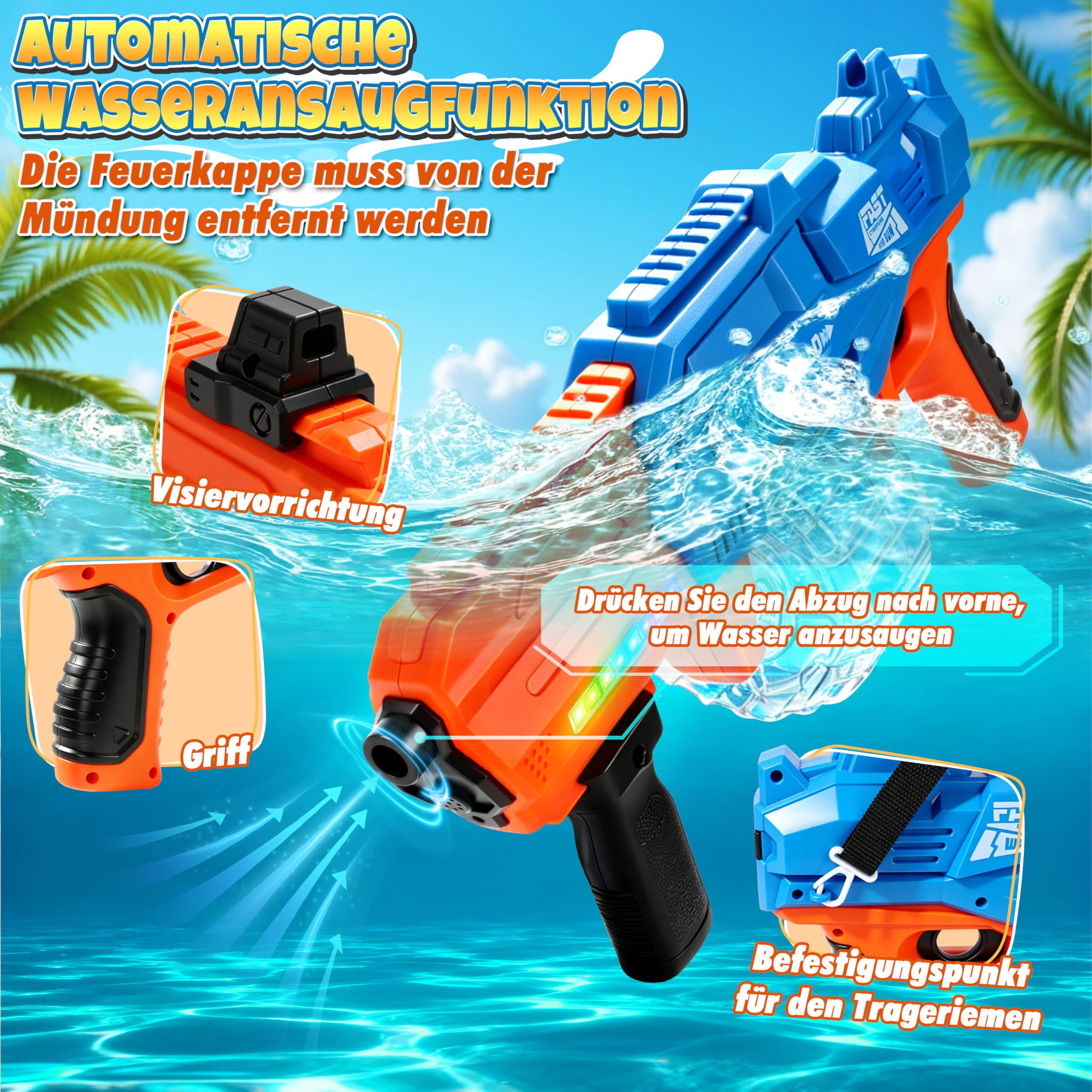 Ulikey Elektrische Wasserpistole, Wasserpistole Elektrisch Sehr Stark Reichweite 10M, Wasserpistolen 650ML mit Automatische Wasseraufnahme, LED-Licht, Abnehmbarer Tragegurt für Pool Strand Party