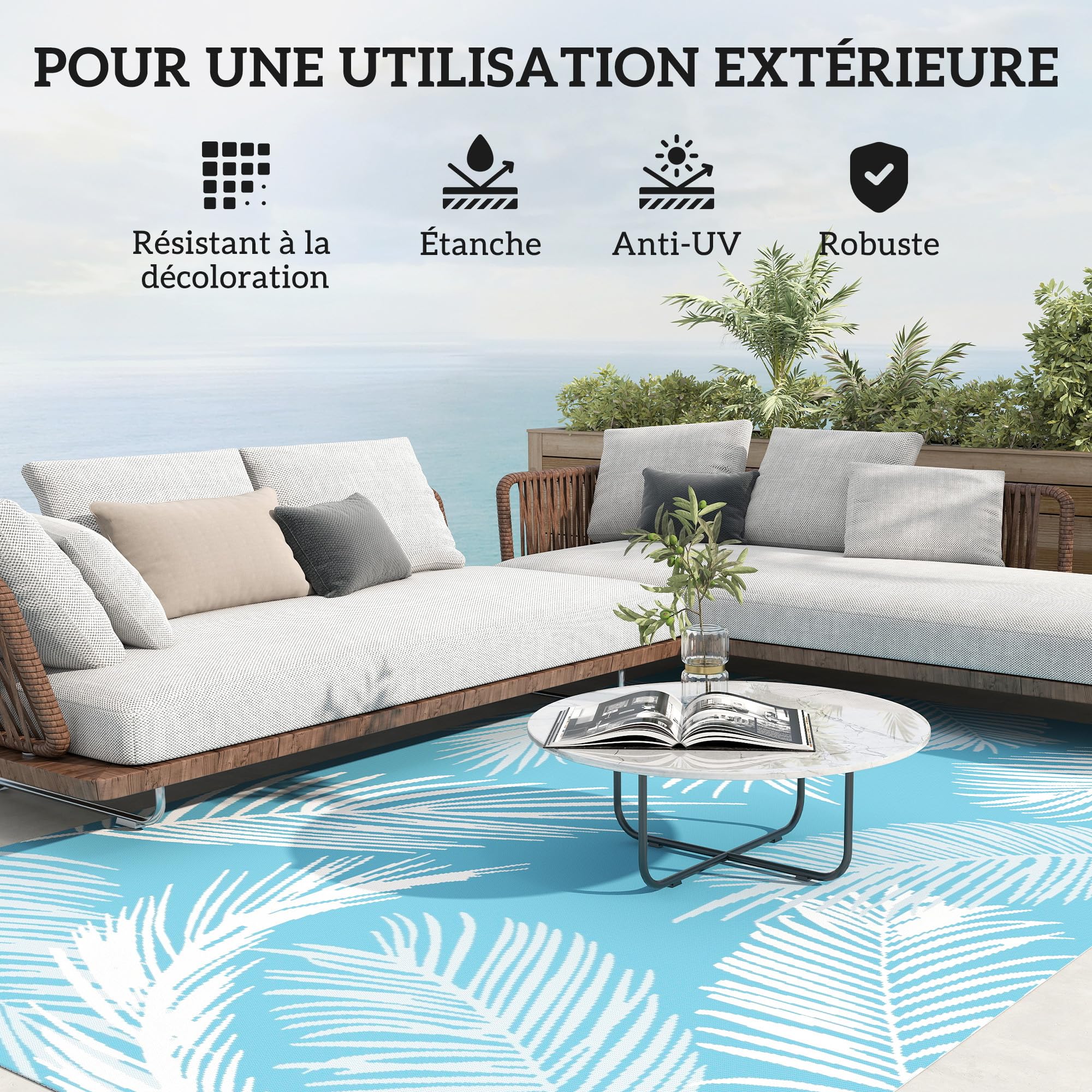 Outsunny Tapis d'extérieur réversible 274x182 cm, Tapis de Sol en PP, Portable et résistant aux intempéries, Sac de Transport Inclus, pour terrasse, Patio, Balcon, Bleu