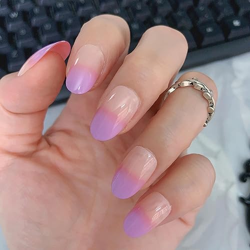Miniatura 3 de IKISKT Uñas postizas a presión, uñas postizas ovaladas francesas de color morado degradado, pegamento de gel UV en acabado de uñas postizas, uñas