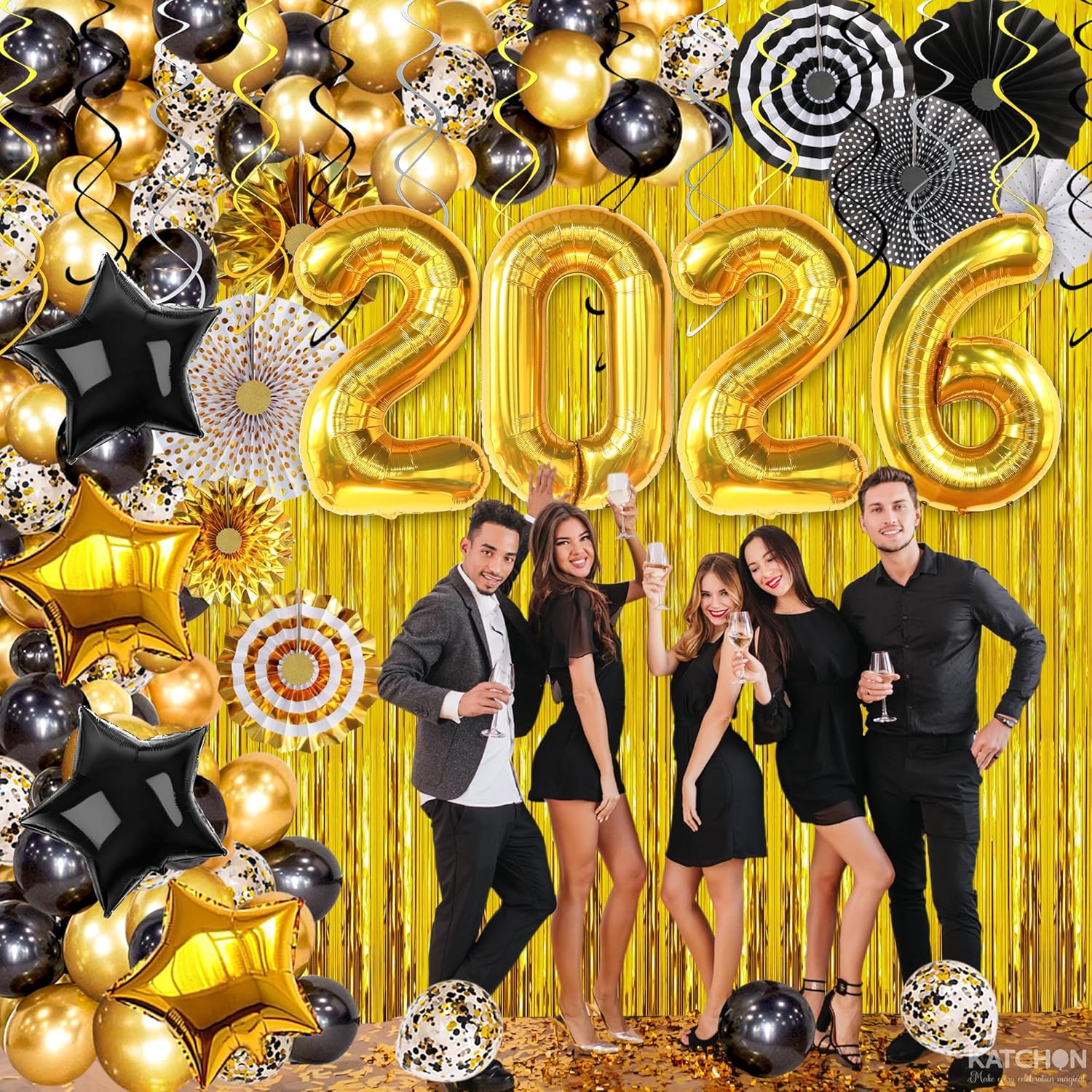 KatchOn, New Years Eve Party Supplies 2026 - Huge Set, Pack of 112 | Black and Gold 2026 Balloon Arch Kit with Gold Fringe Curtain Backdrop | Happy New Year Decorations 2026, NYE Decorations 2026