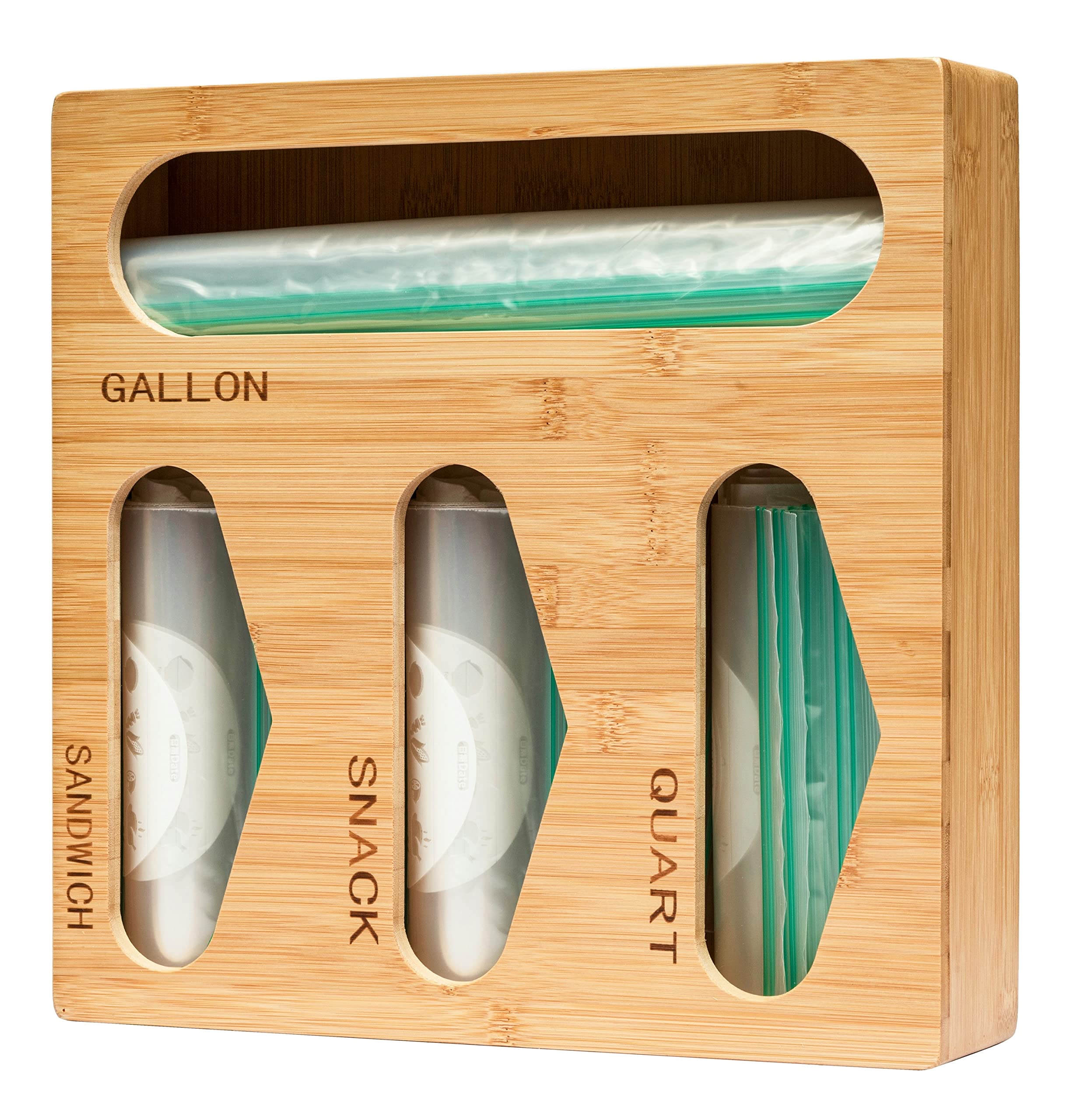 Bamboo Zipper Bag Organizer for Kitchen Drawer, Baggies Organizer , Food Bag dispenser container for Pantry and Shelf , Compatible with Snack, Gallon , Quart, Sandwich, Freezer size bags.