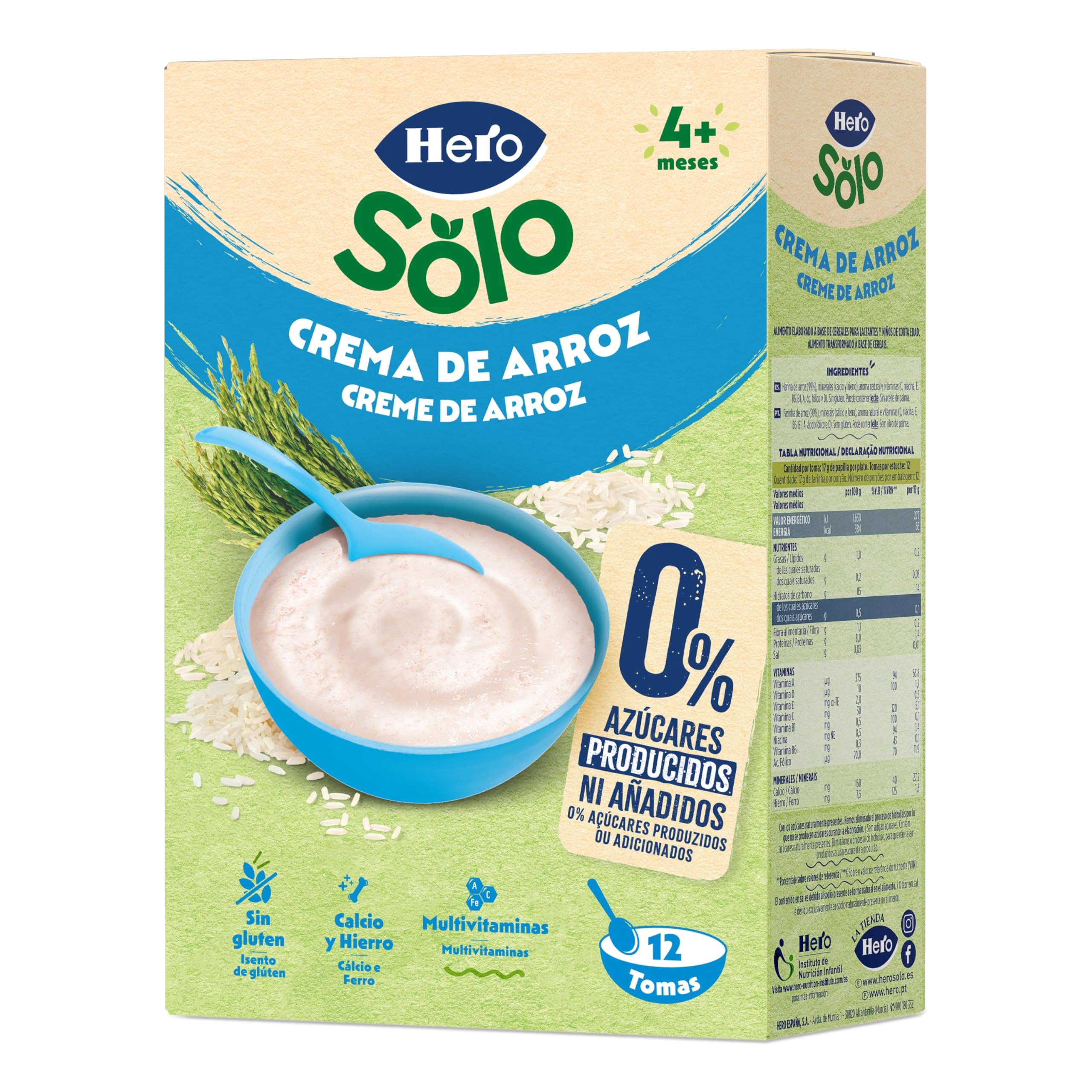 Hero Solo Papilla Crema de Arroz, Sin Gluten, Rica en Fibras y Vitaminas, Sabor Natural para Bebés, a partir de 4 meses, Pack x 6 units x 220 g