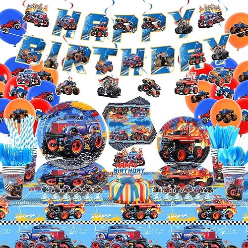 KEFAN Suministros para fiesta de cumpleaños de Monster Truck, juego de decoraciones de fiesta de camión monstruo que incluye pancarta, platos,
