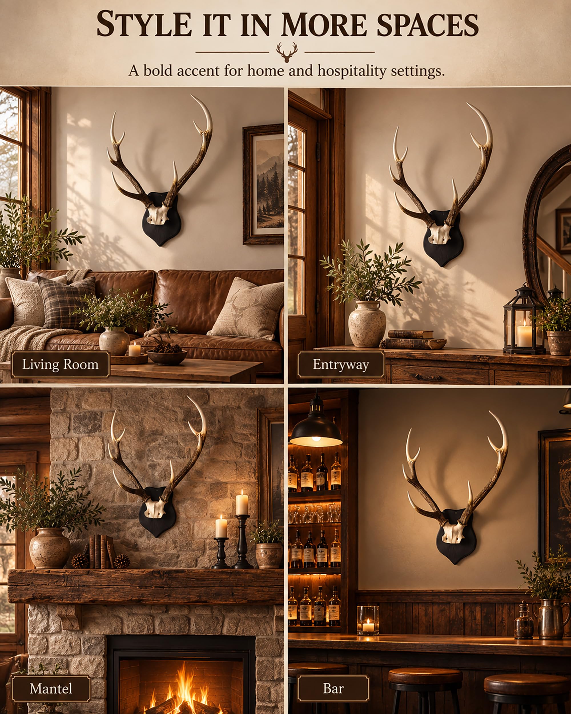 Hirschkopf Wanddeko - Hirschgeweih Skulptur mit Holzsockel - Rustikale Kunstharz Wanddekoration für Wohnzimmer Bar - 64x70x27cm