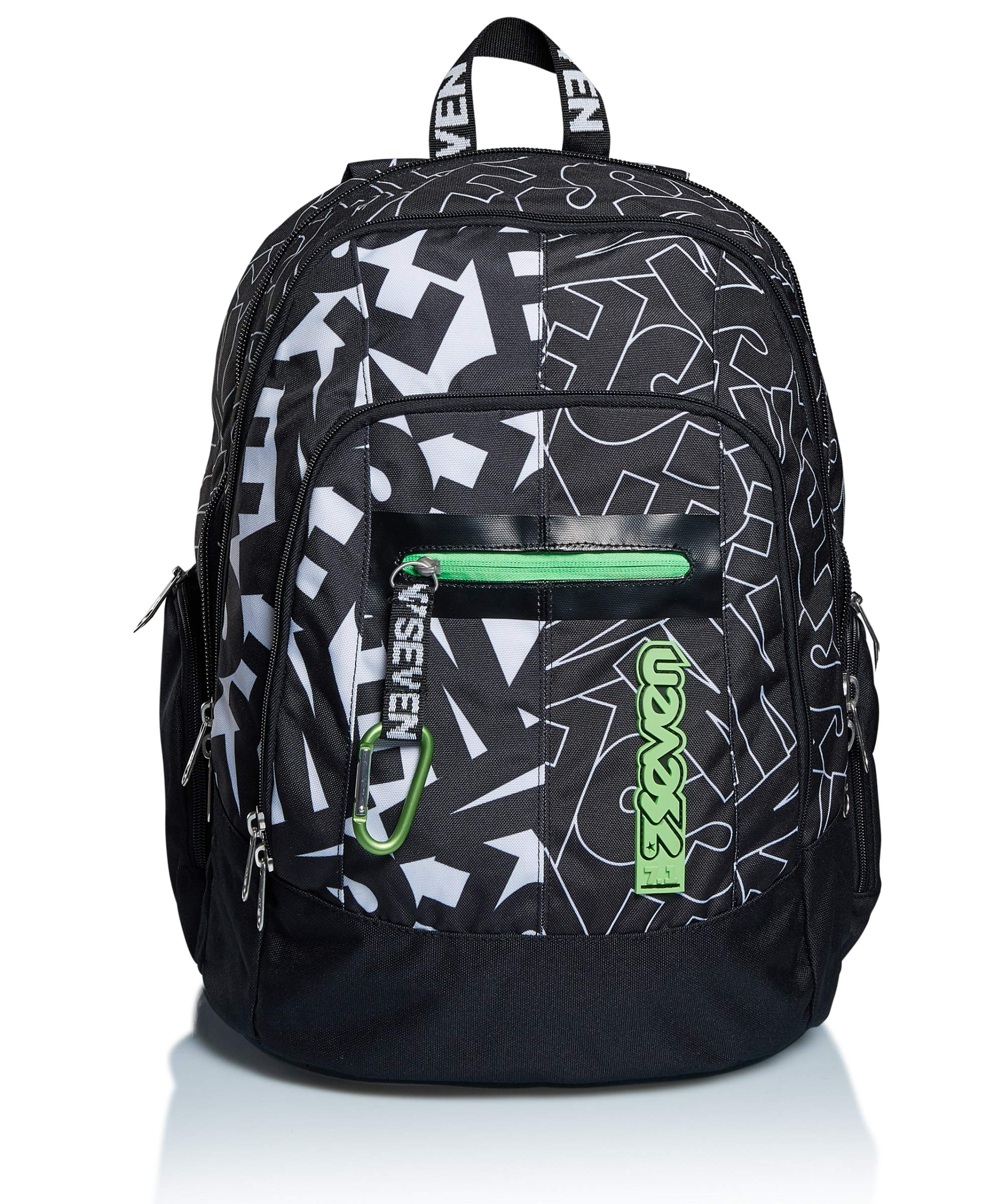 Seven Backpack, Advanced, ALPHA BEAT Knapsack Padded School Bag, Book Bag, One Size for Teen, Girls&Boys, Large Capacity, For School, Sport & Free Time, Laptop Sleeve, Italian Design, black,