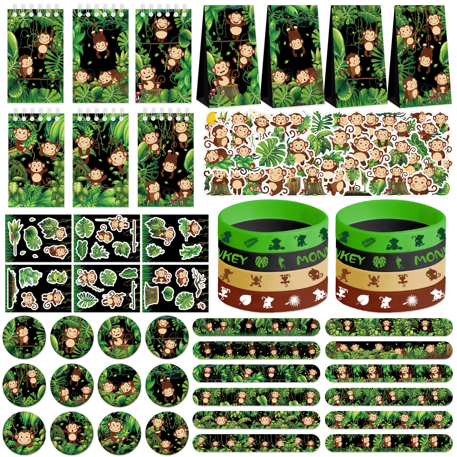 LSJDEER 122PCS Monkey Party Favors, 50 Stickers, 12 Assemble Stickers, 12 Button Badges, 12 Mini Notepads, 12 Slap Bracelets
