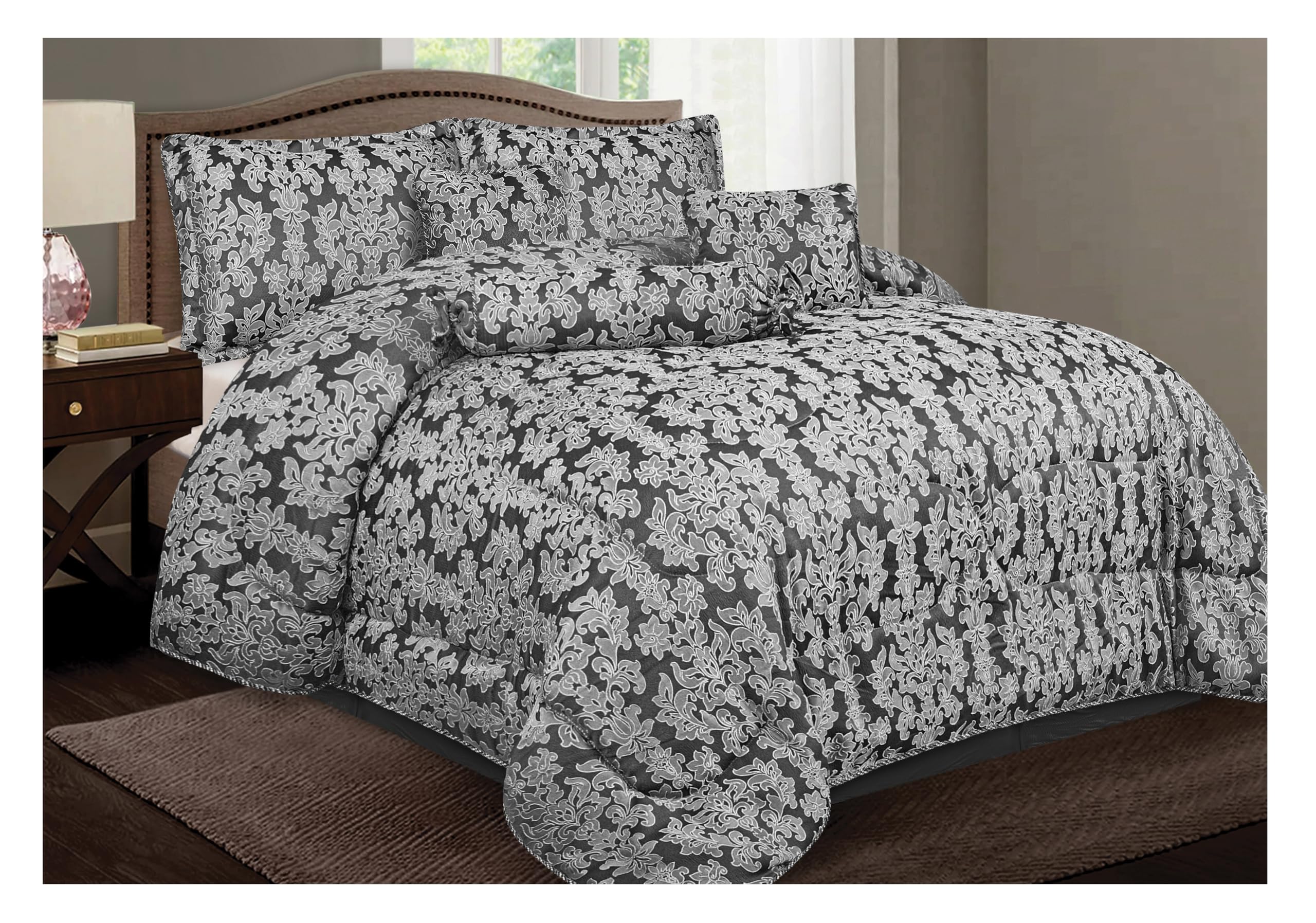 Opulent Living 7-Piece Jacquard Floral Comforter Bedding Set – Includes Bedspread, Valance Sheet, Pillow Shams, Cushion Cover, Decorative Pillow & Neck Pillow (Grey, Double, Leaf)