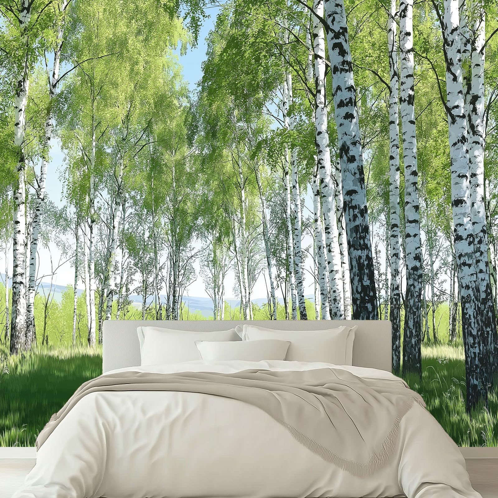 Fototapety Fotografia Wiosenny Las Brzozowy 350 x 256 cm Włóknina Tapeta, Zielona Fototapeta, Do Salonu Sypialni Biura Dekoracja Ścienna Mural