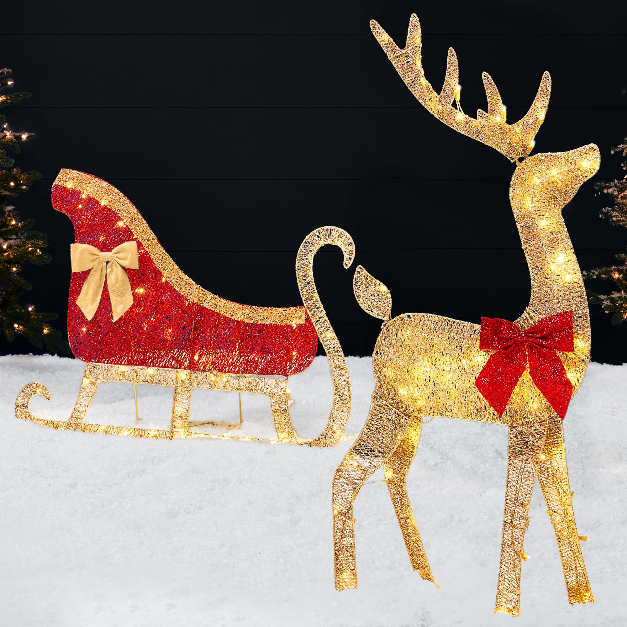 Best Choice Products 4ft Lighted 2D Reindeer & Sleigh Set, Christmas Holiday Deer & Sled Outdoor Yard Decoration w/ 140 LED Lights - Gold