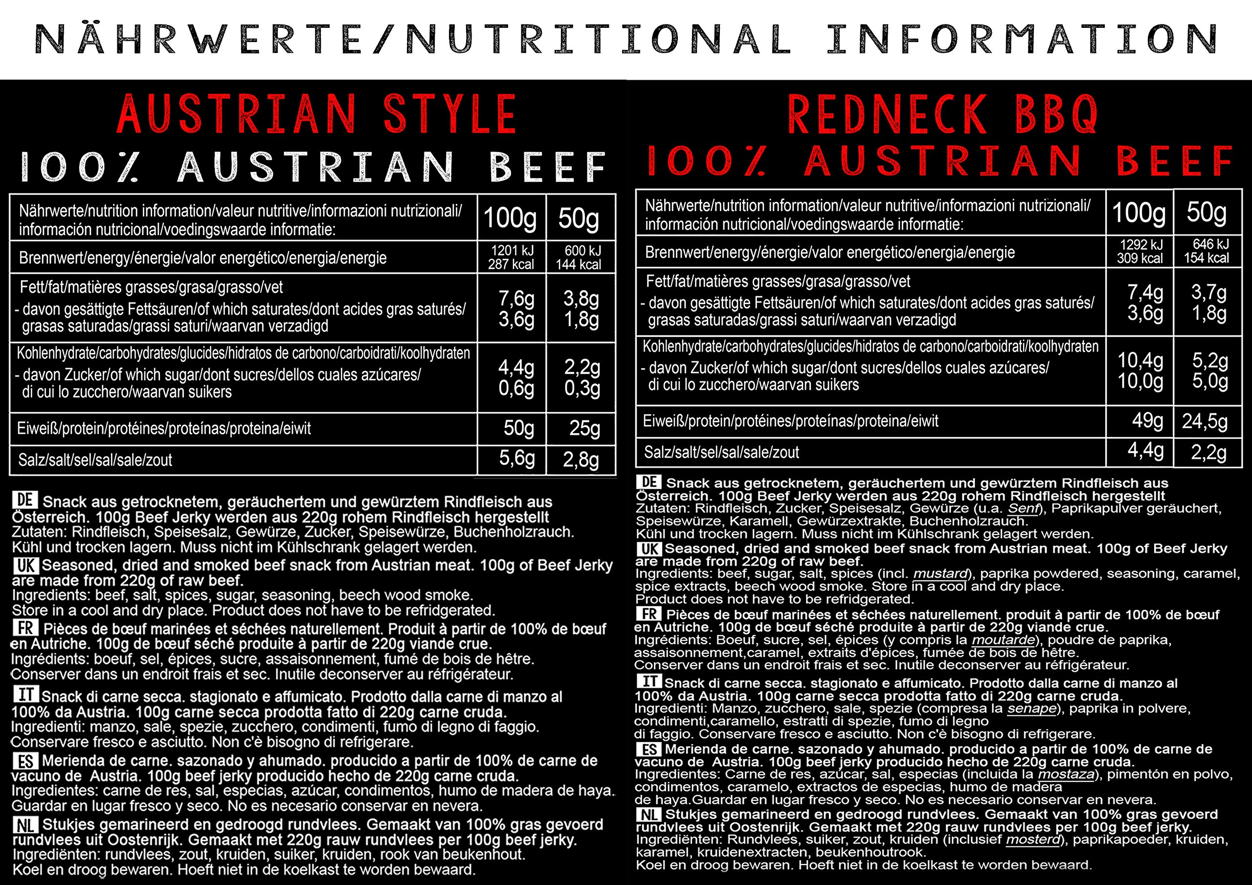 Beef Jerky Carne de vaca Caja de muestra de cecina, 7 x 25 g, carne de vacuno austriaca de primera calidad alimentada con pasto, sin aditivos ni conservantes