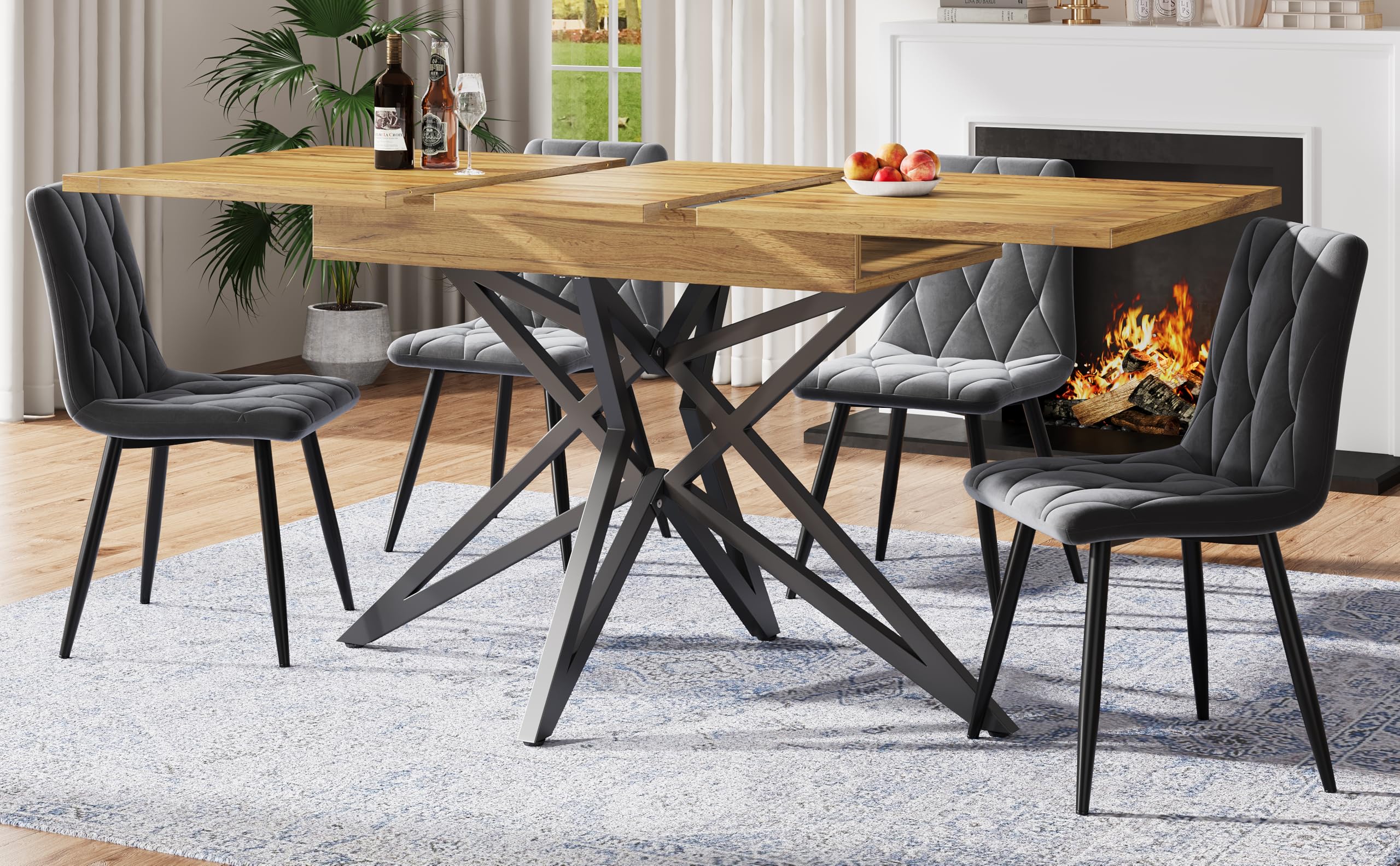 Generisch Tavolo da pranzo allungabile, 120 (160) x 80 x 66,1 cm, tavolo da cucina per la colazione, con piano in legno di noce/marmo, gambe in metallo nero a forma di stella, portata fino a 60 kg