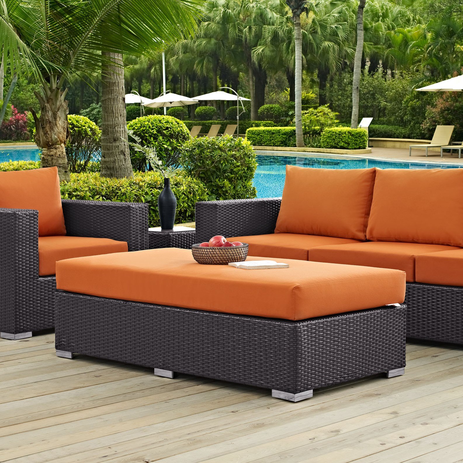 Modern Contemporary Urban Design Outdoor Patio Balcony Rectangle Ottoman, Orange, Rattan
