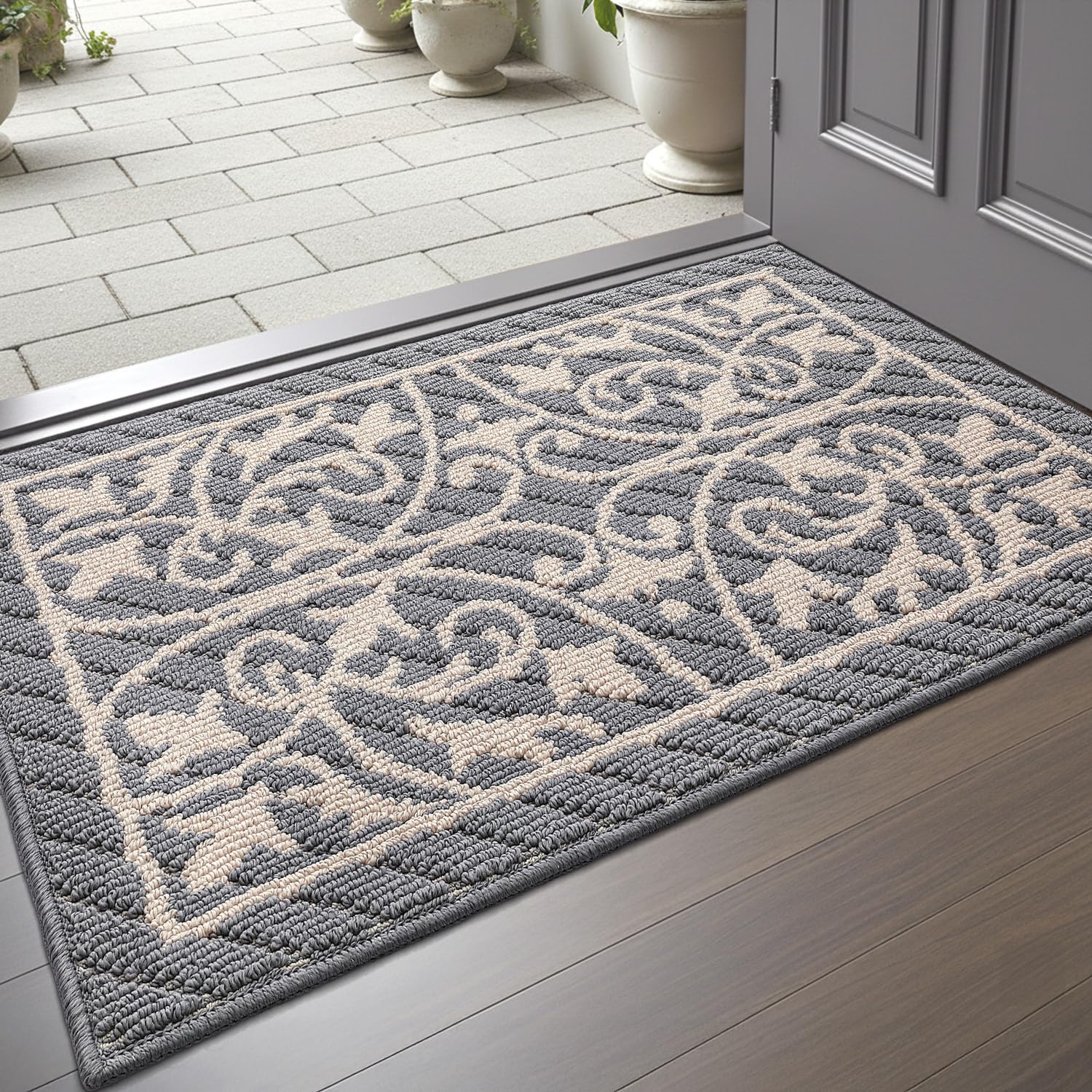 DEXI Door Mat for Home Entrance 50 x 80 cm, Non Slip Low Profile Floor Mats, Dirt Trapper Rubber Backed Doormat for Front Door, Patio, Entryway, Light Grey