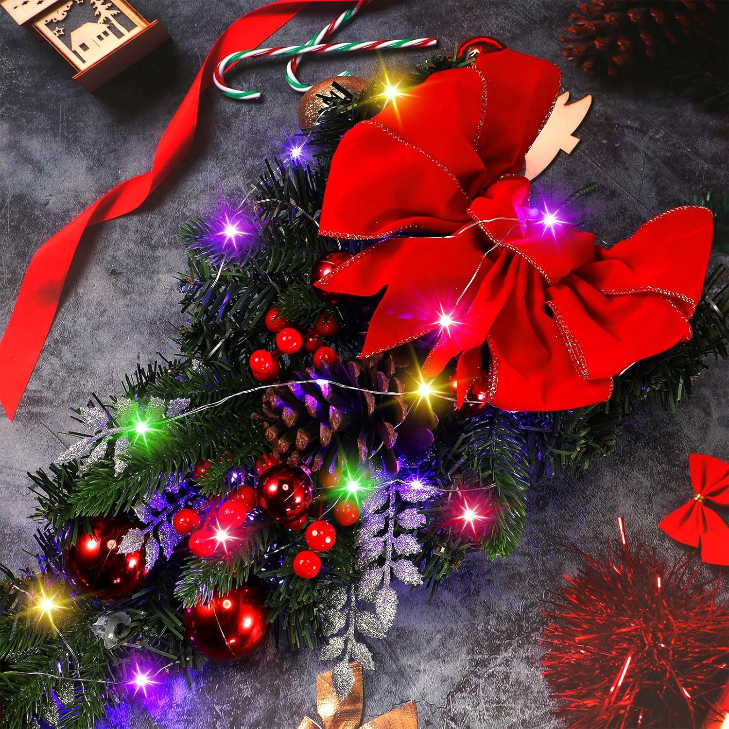 Tigeen 4 Pack Christmas Stairway Swag Wreaths Teardrop Swag for Stairs 16 Inch Red Poinsettia Stair Wreath with Colorful Lights for Front Door Stairs Wall Window