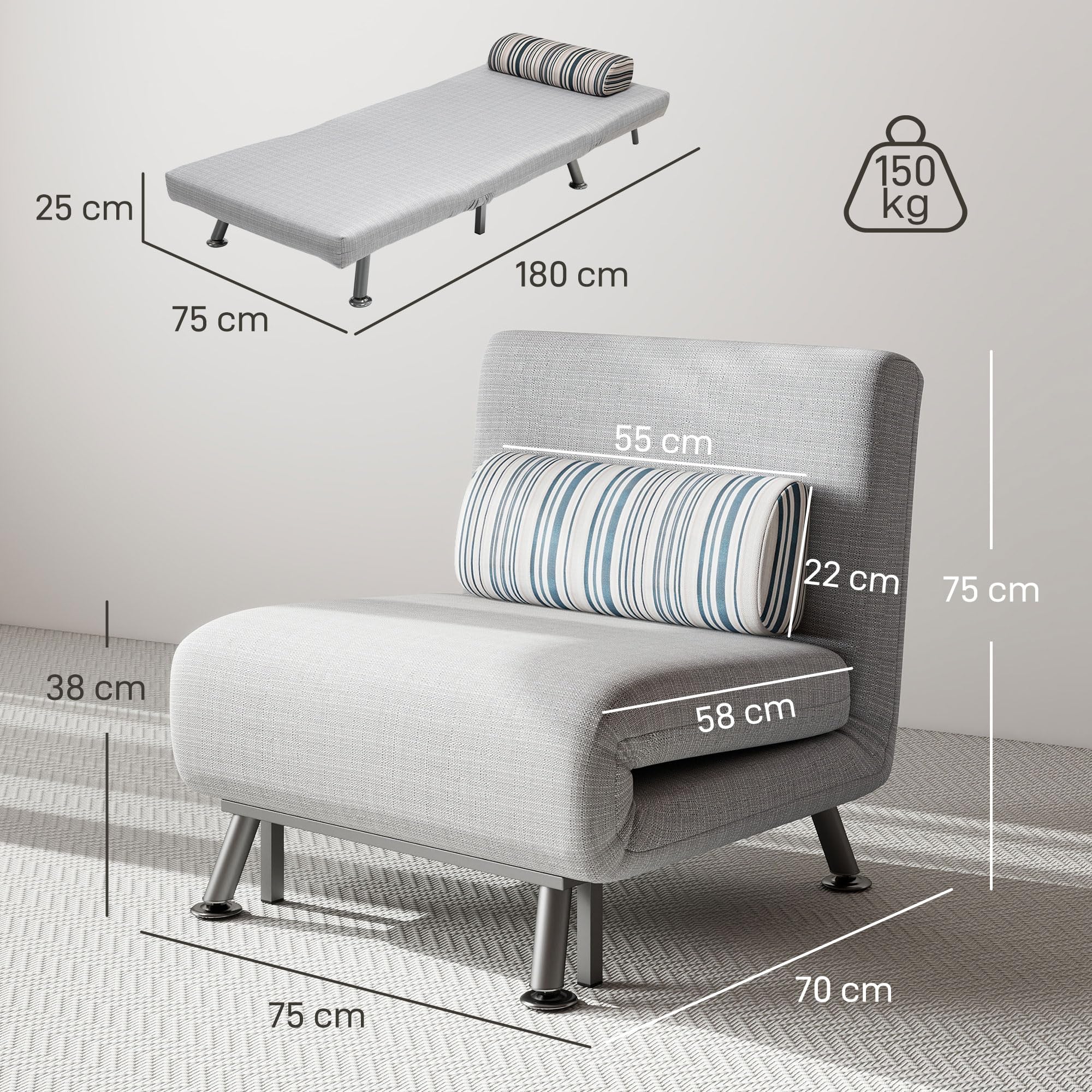 HOMCOM Canapé-lit Convertible, Tissu en Lin, Acier, Mousse éponge, Gris, 185 x 75 cm