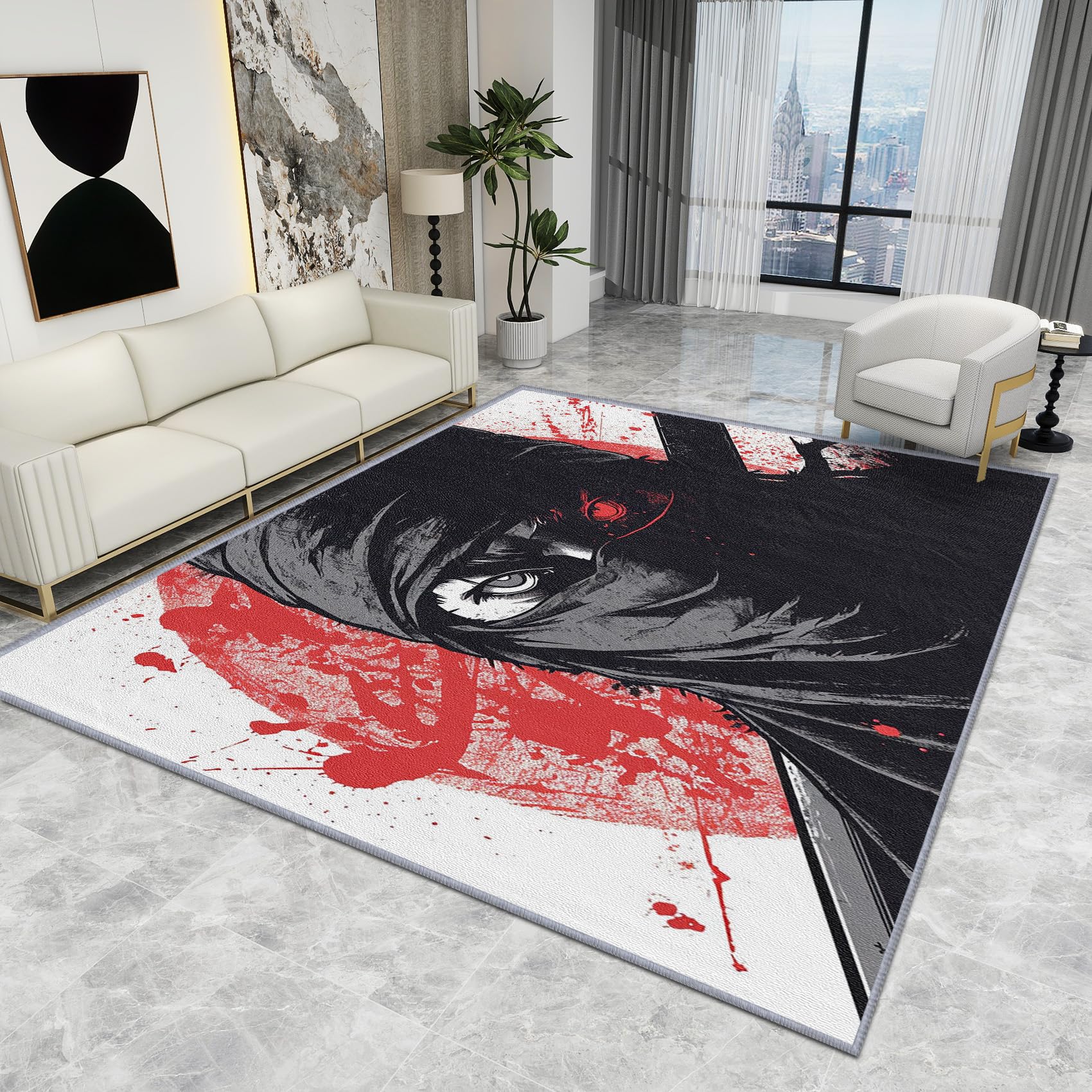 Japanese Themed Rug - Ninja Rug - Warrior Samurai Rugs, Japan Asian Carpet, Non Slip Low Pile Soft Large Area Rugs, Ninja Home Decor Gifts, 120 X 120 cm