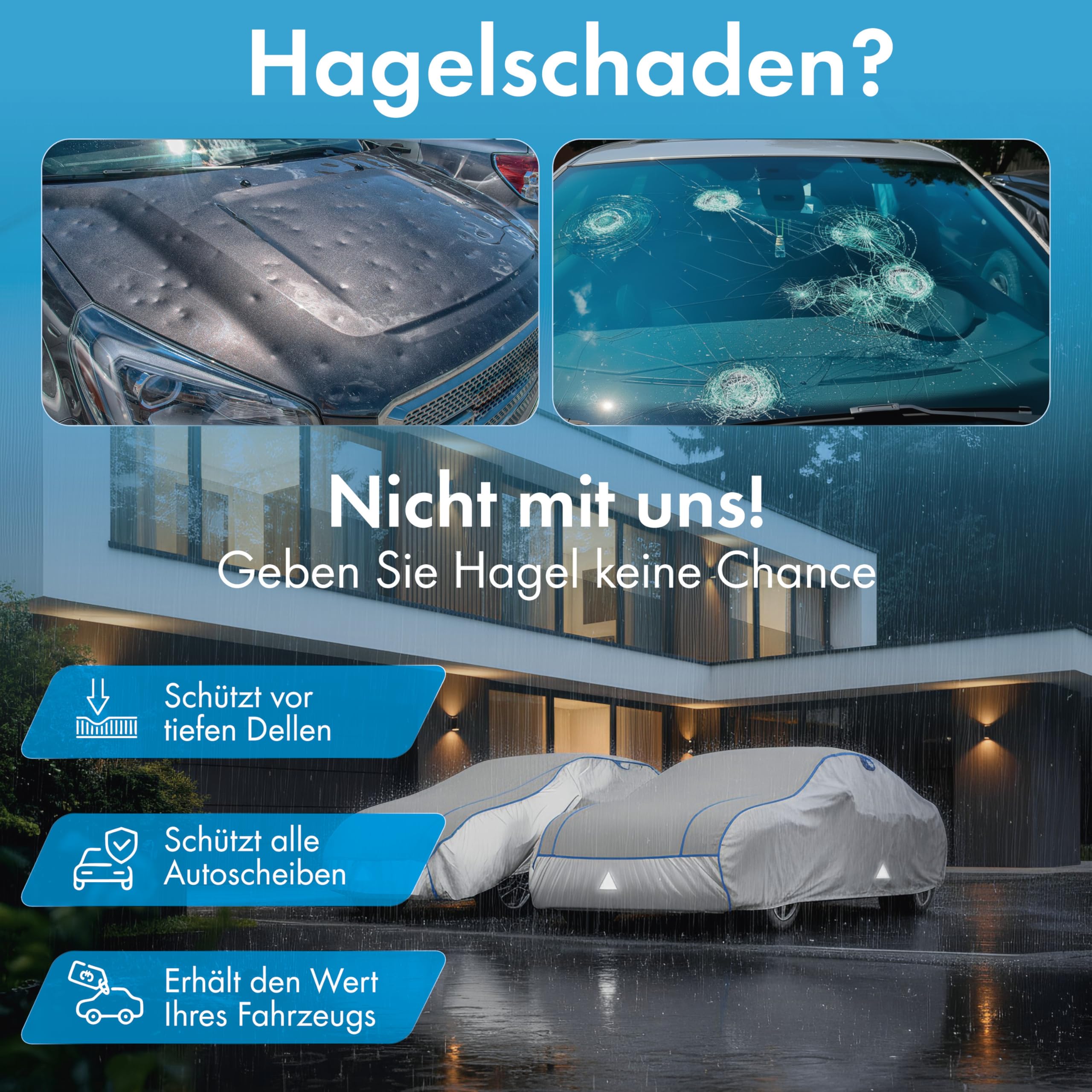 WALSER Hagelschutz Abdeckplane Auto, Hagelschutzplane Auto, Wasserabweisende Autoabdeckung, Outdoor Vollgarage, PKW Abdeckung, Fahrzeug Abdeckplane PKW L max. Fahrzeuglänge 426-525 cm Silber/grau - 2