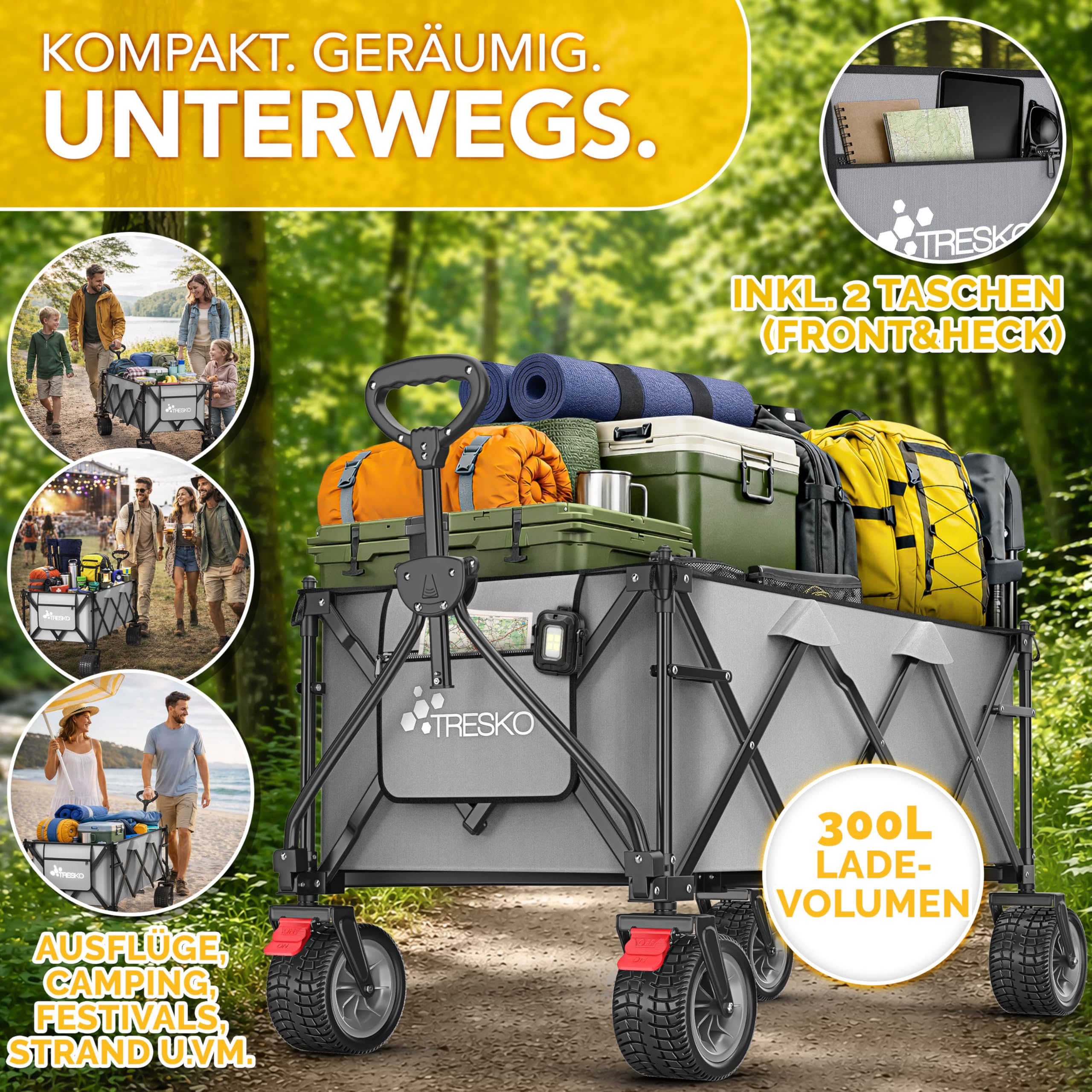 TRESKO® Bollerwagen faltbar 300L mit Bremse | Handwagen klappbar 150kg inkl. Vollgummireifen | Faltbarer Strandwagen Extra Breite All-Terrain-Räder | Transportwagen mit Tragetasche (Grau)