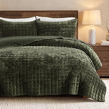 palassio Channel Box Stitch Velvet Quilt Bedding Set, Queen, Olive Green