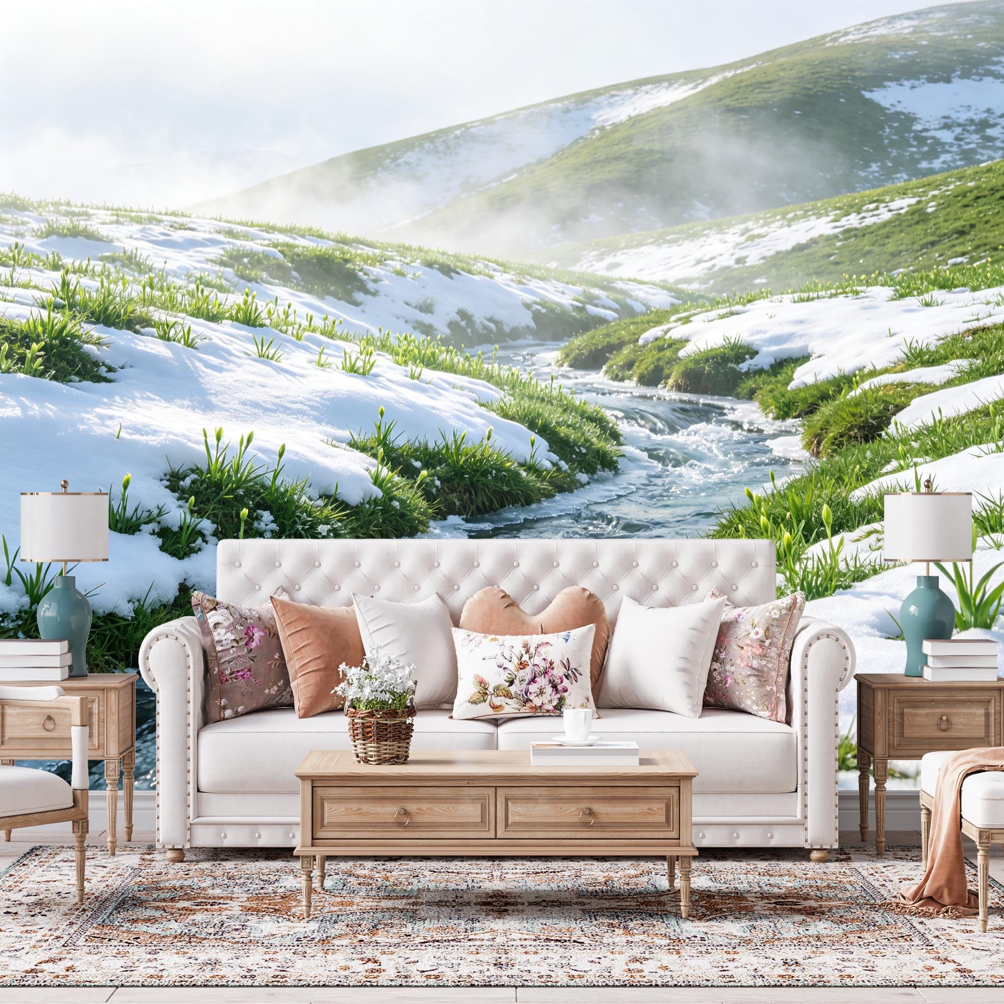 Papier Peint 3D Ruisseau De Prairie Enneigée Paysage Naturel Panoramique Mural 350Cmx266Cm(Wxh) Papier Peint Intissé Pour Salon, Chambre, Décoration Intérieure - Ne Pas Décoller Ni Coller Prair
