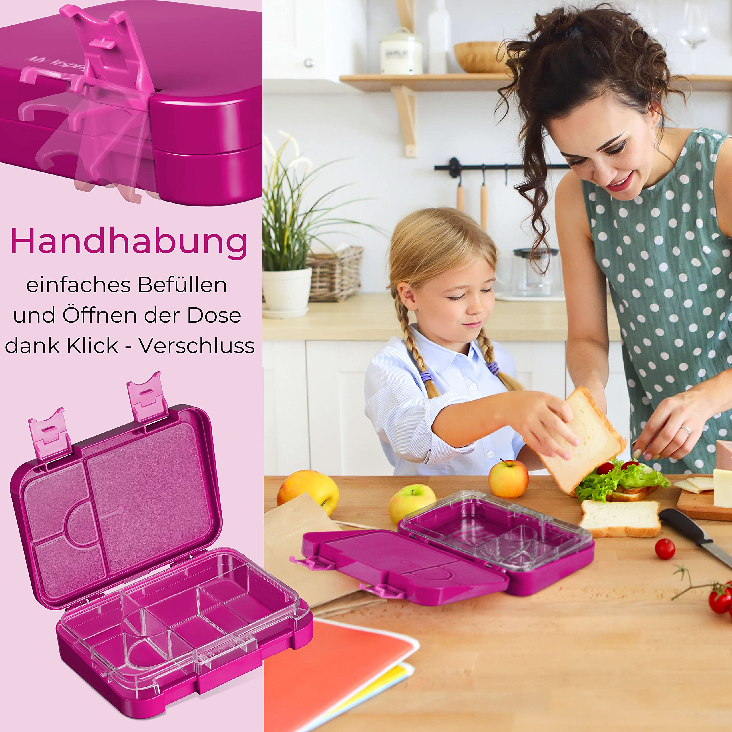 My Vesperbox – Len - Bento Box Kinder - Lunchbox mit 4+2 Fächern - extrem robust – Brotdose – Brotbox ideal für Kindergarten und Schule (Lila Regenbogen)