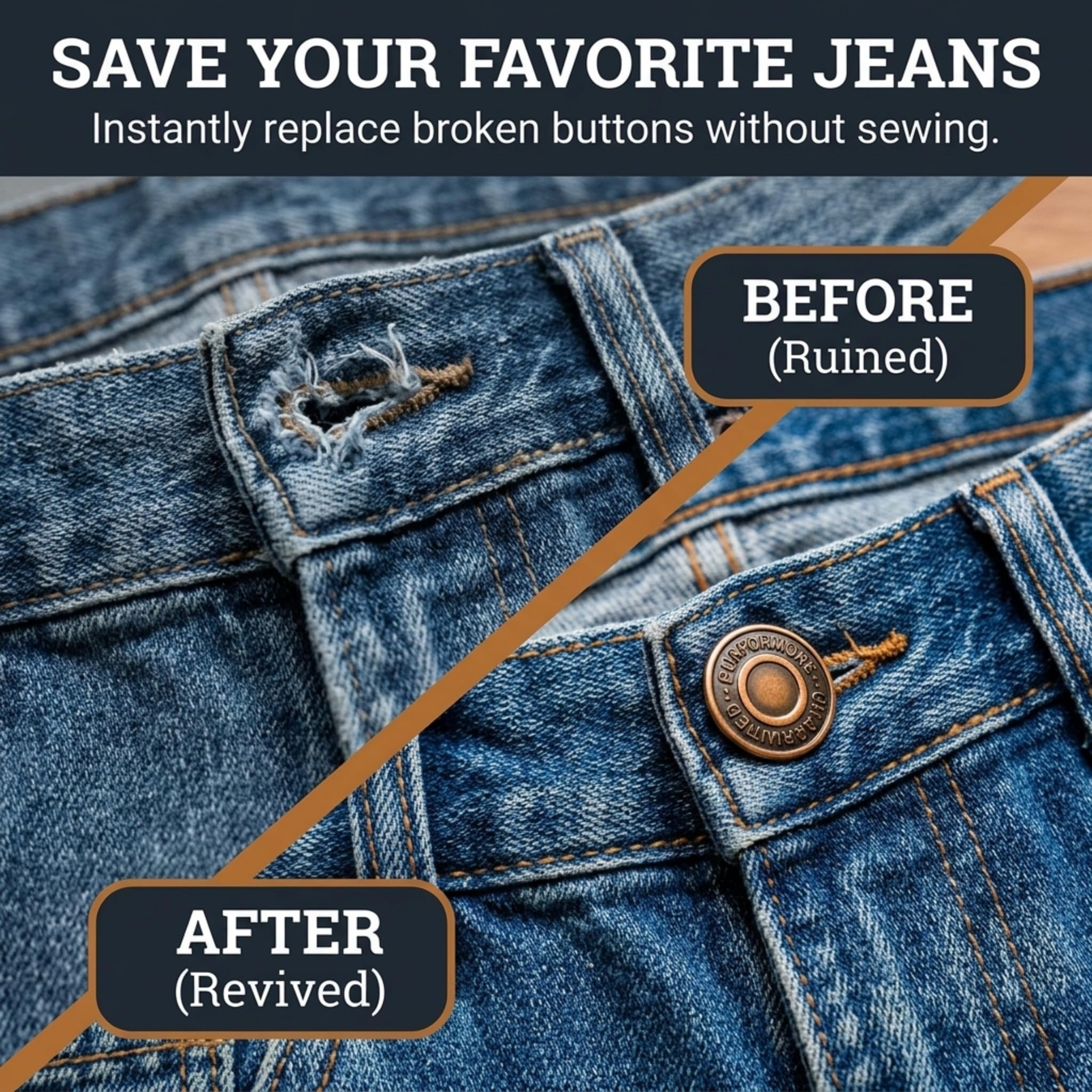 Performore 24 juegos de botones plateados y cobre para jeans, kit de repuesto con botones y cierres en caja de almacenamiento de plástico transparente para reparación de jeans, jeans y chaquetas (12