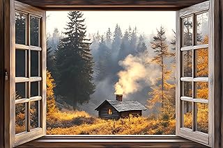 AMAZING WALL Cabin in The Woods View Peel and Stick 3D Fake Window Stickers,Removable Decals Wall Murals for Home Decor,32x48in/2PCS