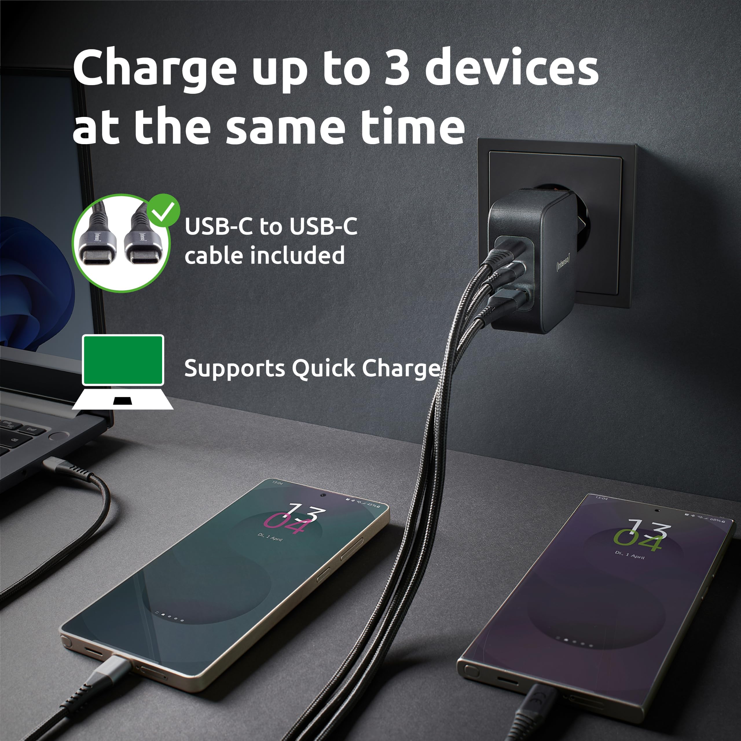 Intenso Power Adapter W100ACC GaN + C520C, 2 x USB-A, alimentatore di rete fino a 100 W, ricarica rapida (PD 3.1, PPS e QC 4.0) + USB-C a C dati + cavo di ricarica per iPhone, Samsung Galaxy, colore