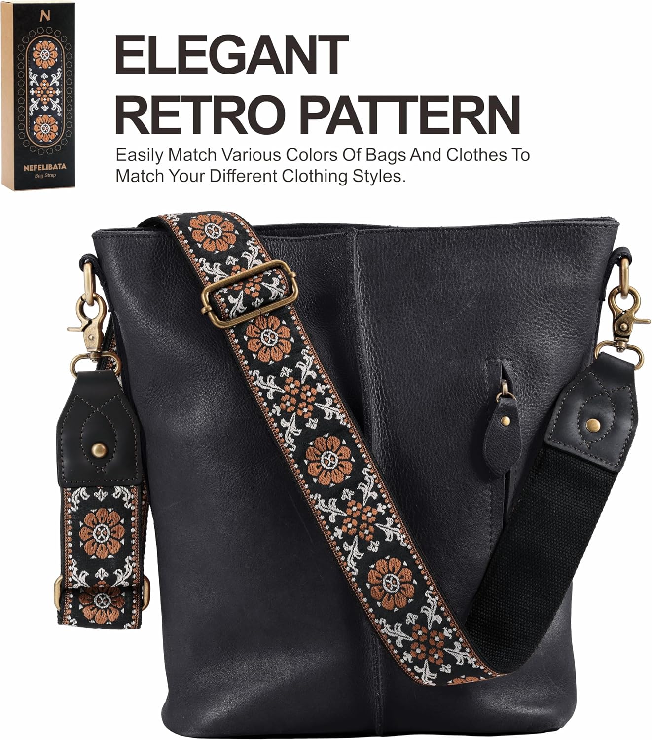 Nefelibata Purse Strap-2" Crazy Horse Leather Wide Shoulder Strap Adjustable Replacement,Retro knit Embroidery Multi-pattern Crossbody Bag Straps for Handbag,Crossbody Bags(Black Leather Embroidery)