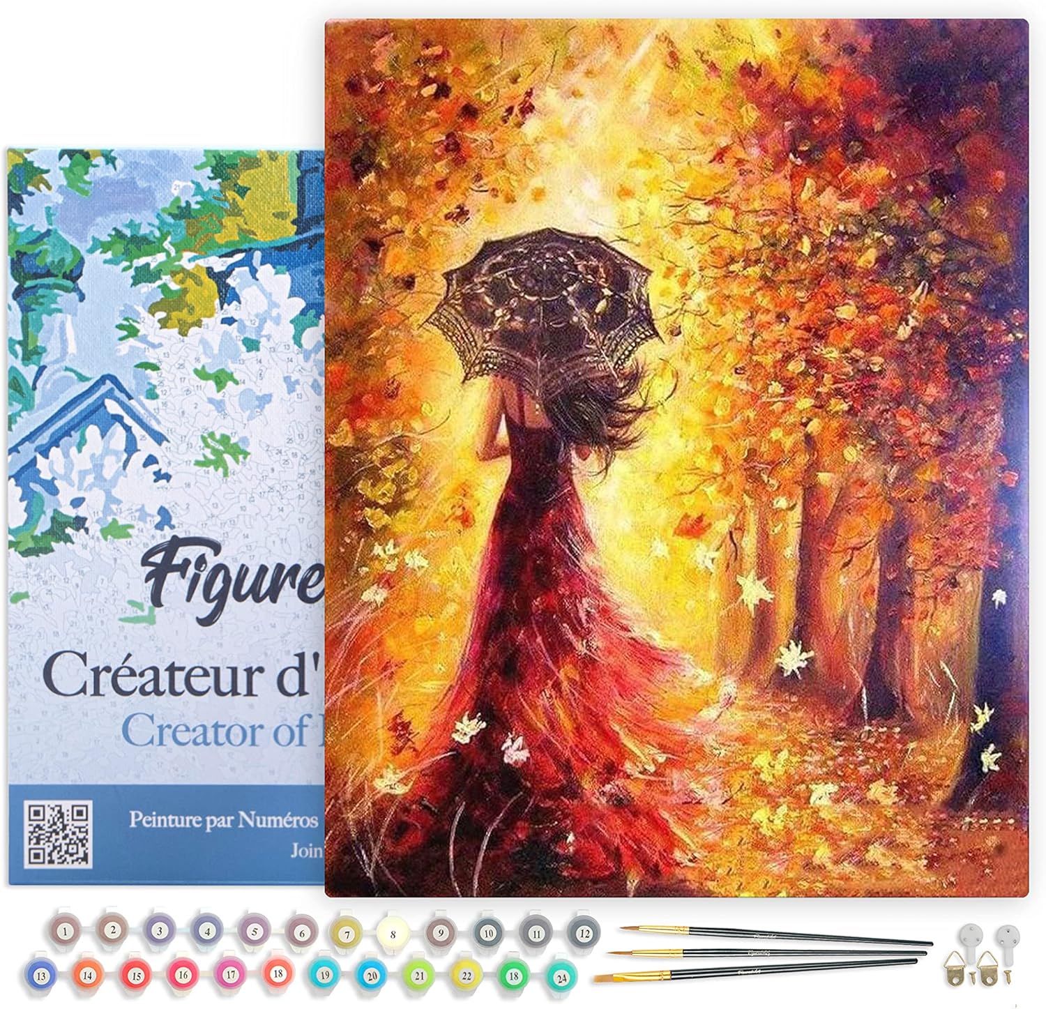 Figured'Art Paint by Numbers Kit for Adults with Frame Autumn Forest and Woman with Umbrella 16"x20" - Craft Art Painting DIY Kit Canvas Already Stretched on a Wooden Frame
