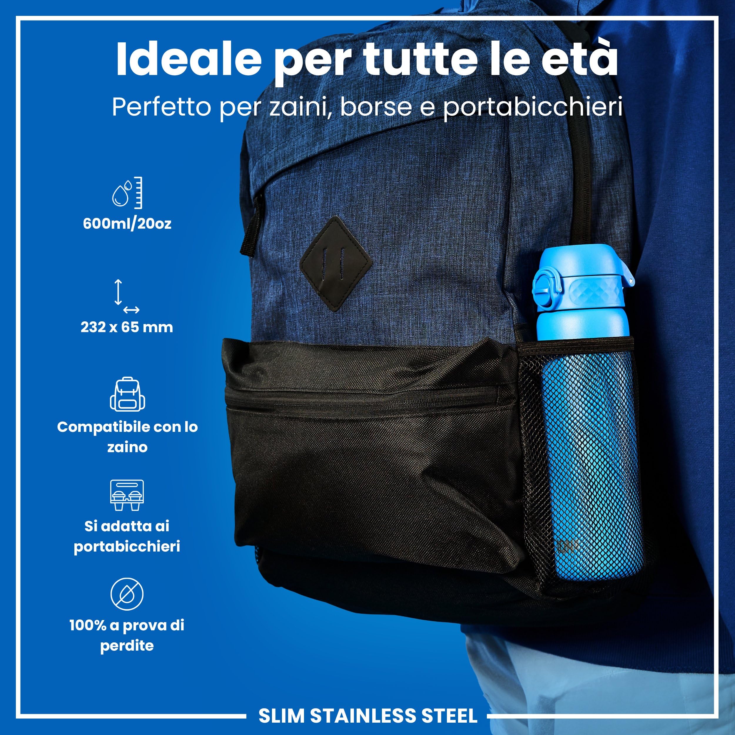 Ion8 Borraccia Acciaio Inox, 600ml, a Prova di Perdite, Facile da Aprire, Serratura Sicura, Lavabile in Lavastoviglie, Adatta a Portabicchieri, Maniglia per il Trasporto, Durevole