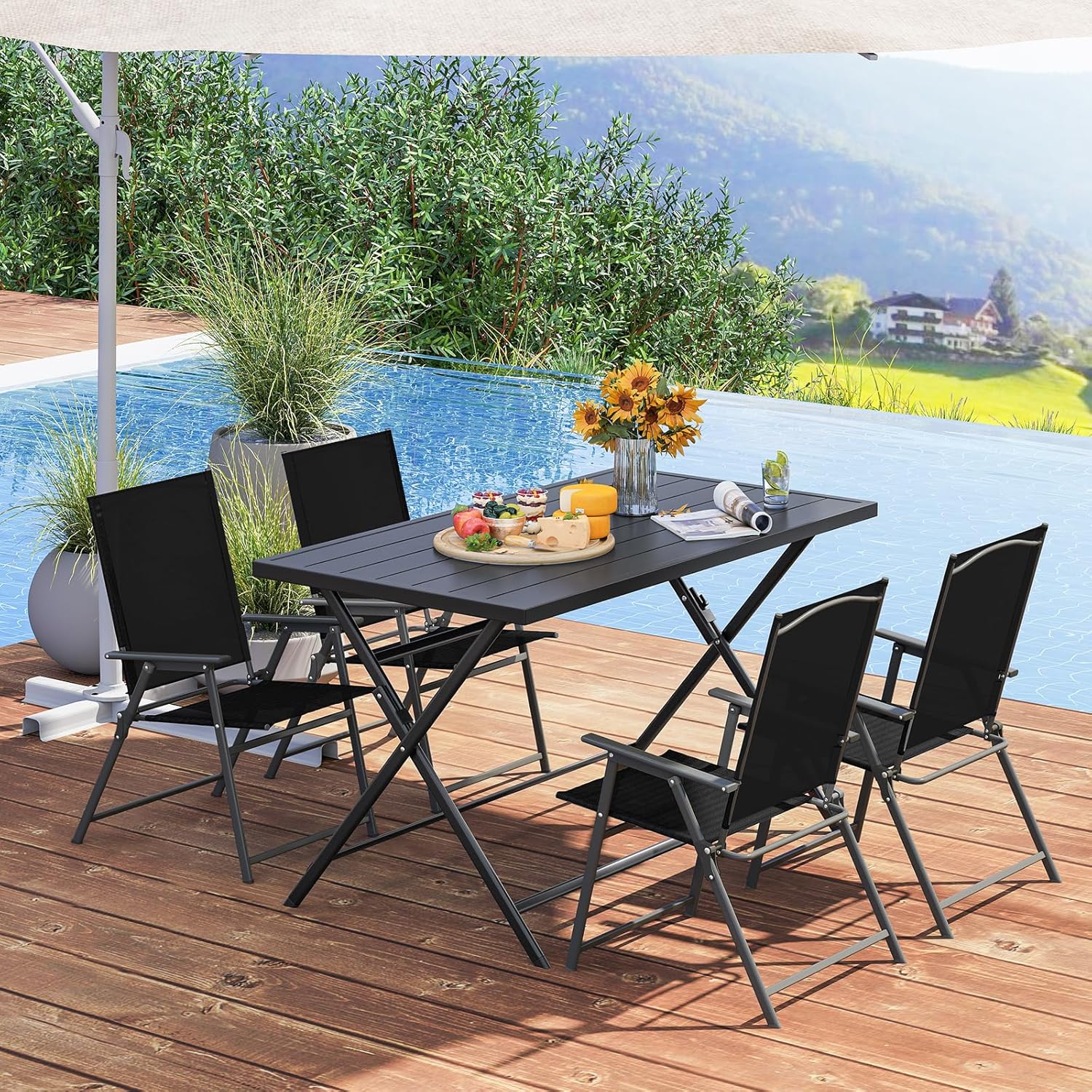 Tangkula 48" Foldable Outdoor Dining Table, Rectangular Metal Patio Table with Slatted Tabletop, Folding Bistro Barbecue Picnic Dinner Table for Indoor Kitchen Outside Garden Backyard Balcony Lawn