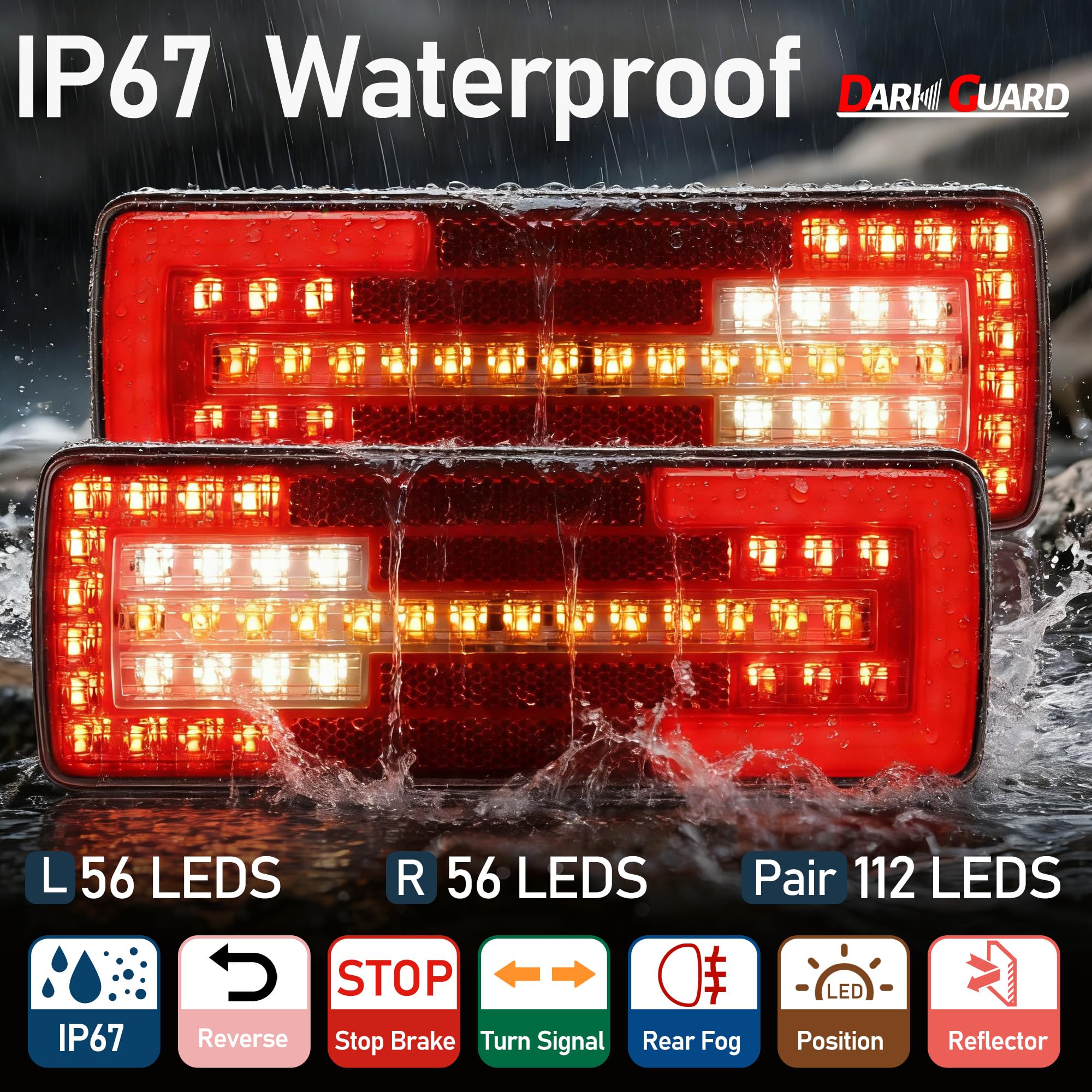 2 x Luci Posteriore a LED Lampada Fanali Posteriore LED 12V/24V Omologata E9 Impermeabile IP67 per Rimorchio Camion Furgone Trattore, 6-in-1 con Luci di Posizione Fendinebbia e Retromarcia