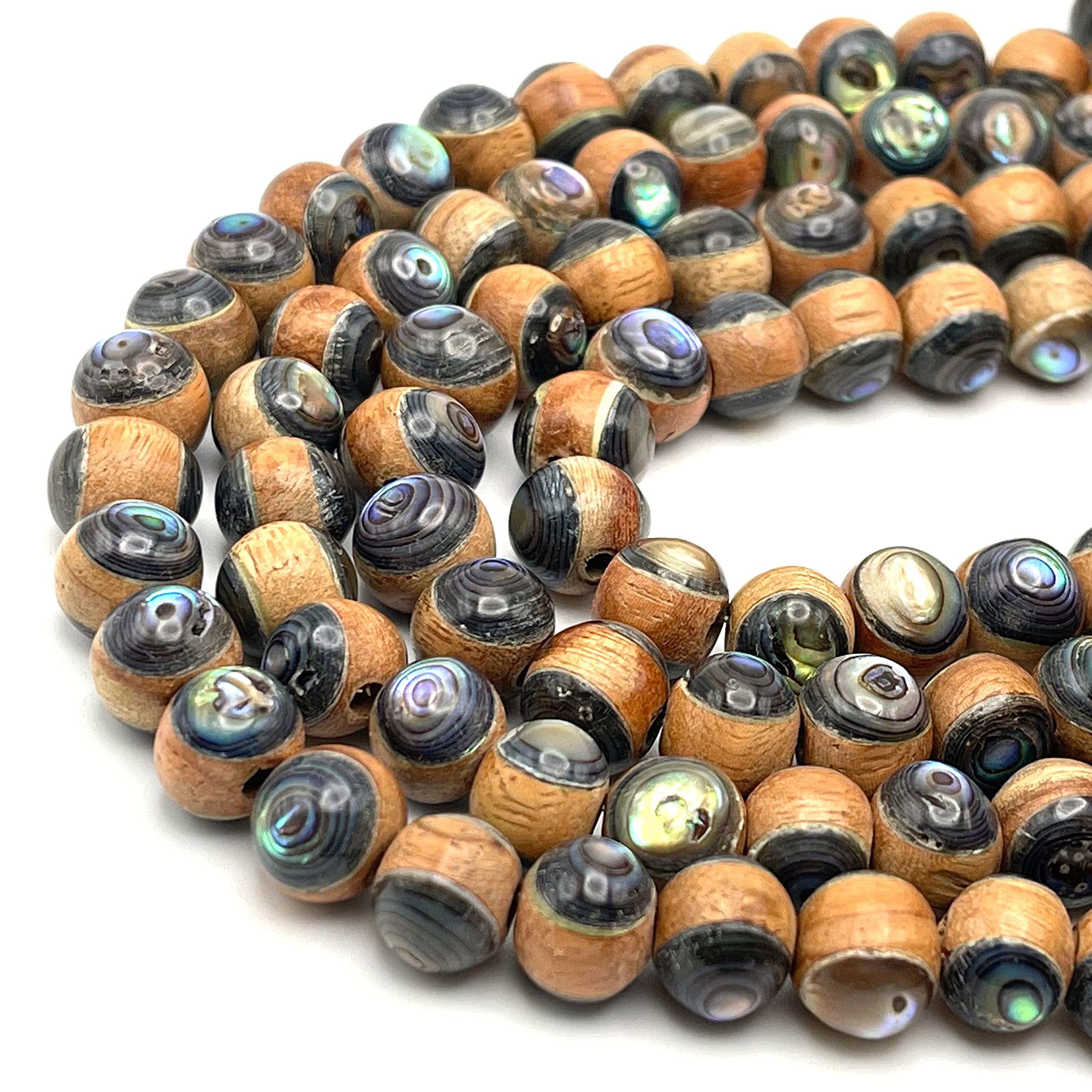 ABCGEMS Authentic Madre De Cacao Wood Beads Front/Back Inlaid with New Zealand Abalone Shell (Each Bead is a Testament to Labor Intensive Artistry) Smooth Round 12mm (8 Inches)