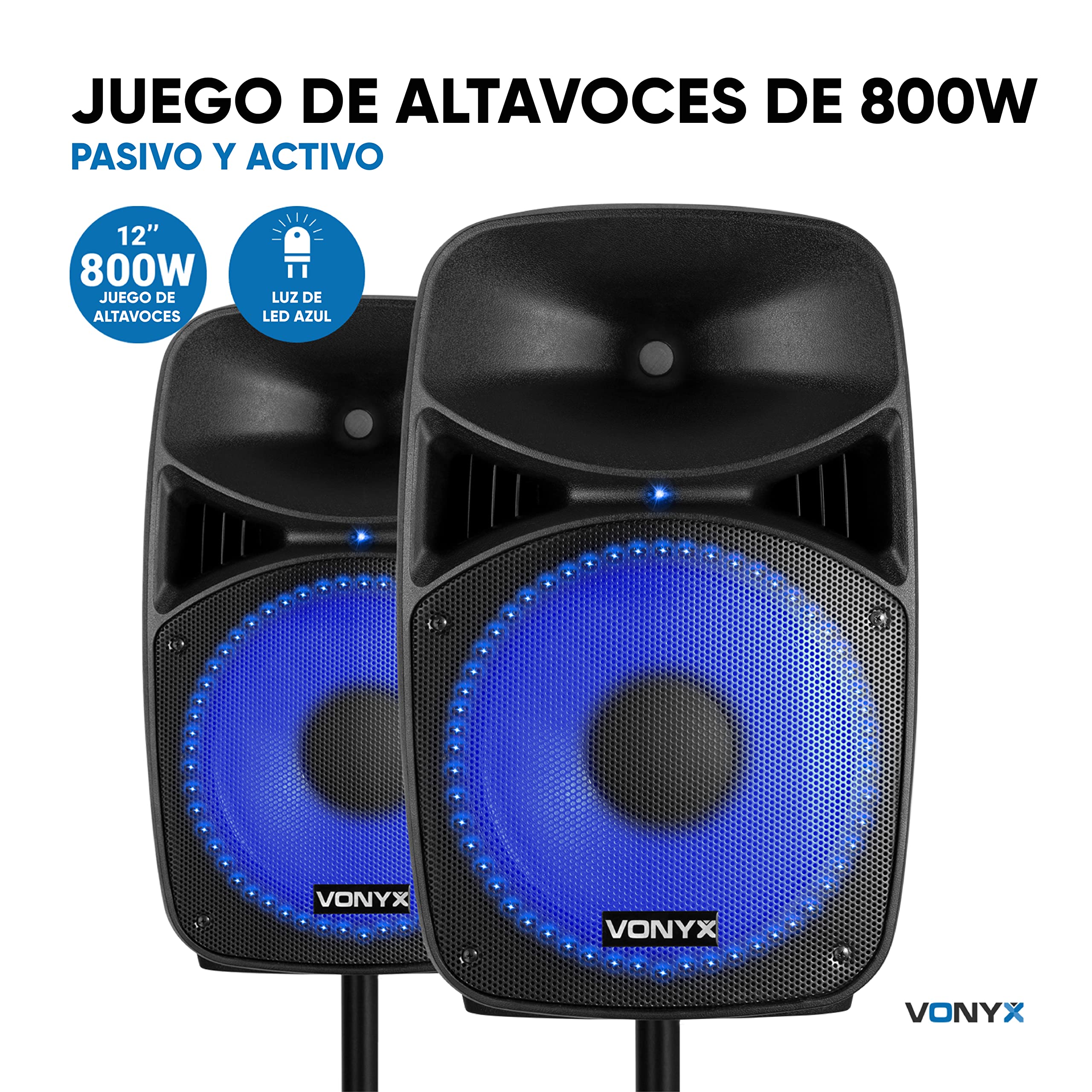Vonyx VPS122A – Altavoz portatil Bluetooth Potente de 800W con 2 Altavoces 12", USB, Anillo LED en el Altavoz, trípodes y micrófono, Equipo de Sonido Profesional para DJ y Karaoke, Color Negro