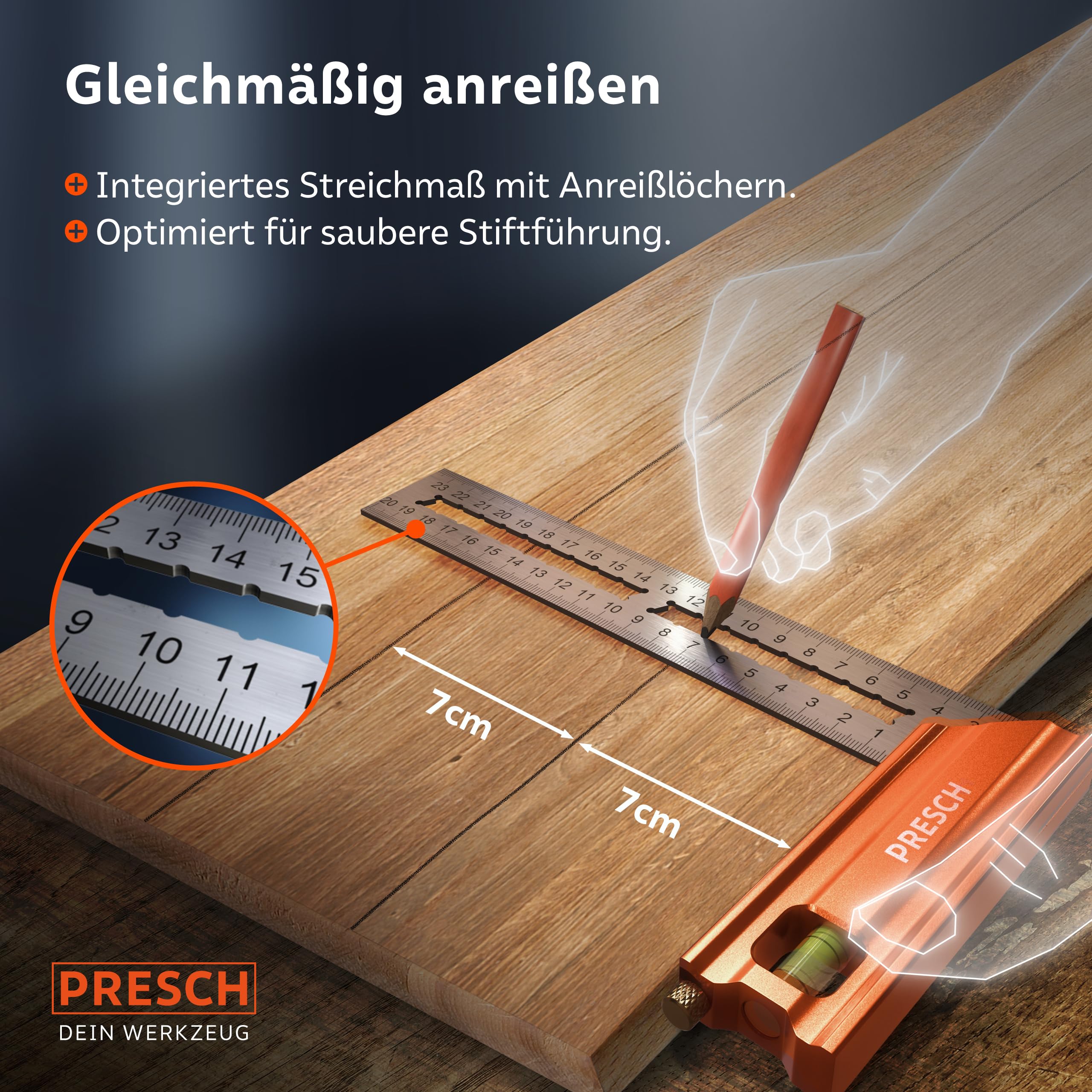 Presch Anschlagwinkel Set - 200mm, 300mm & 400mm - Hochpräzise & Rostfrei - Innovatives Streichmaß - Exakter 90° und 45° Anschlag inkl. Wasserwaage & Anreißnadel für ultimative Vielseitigkeit