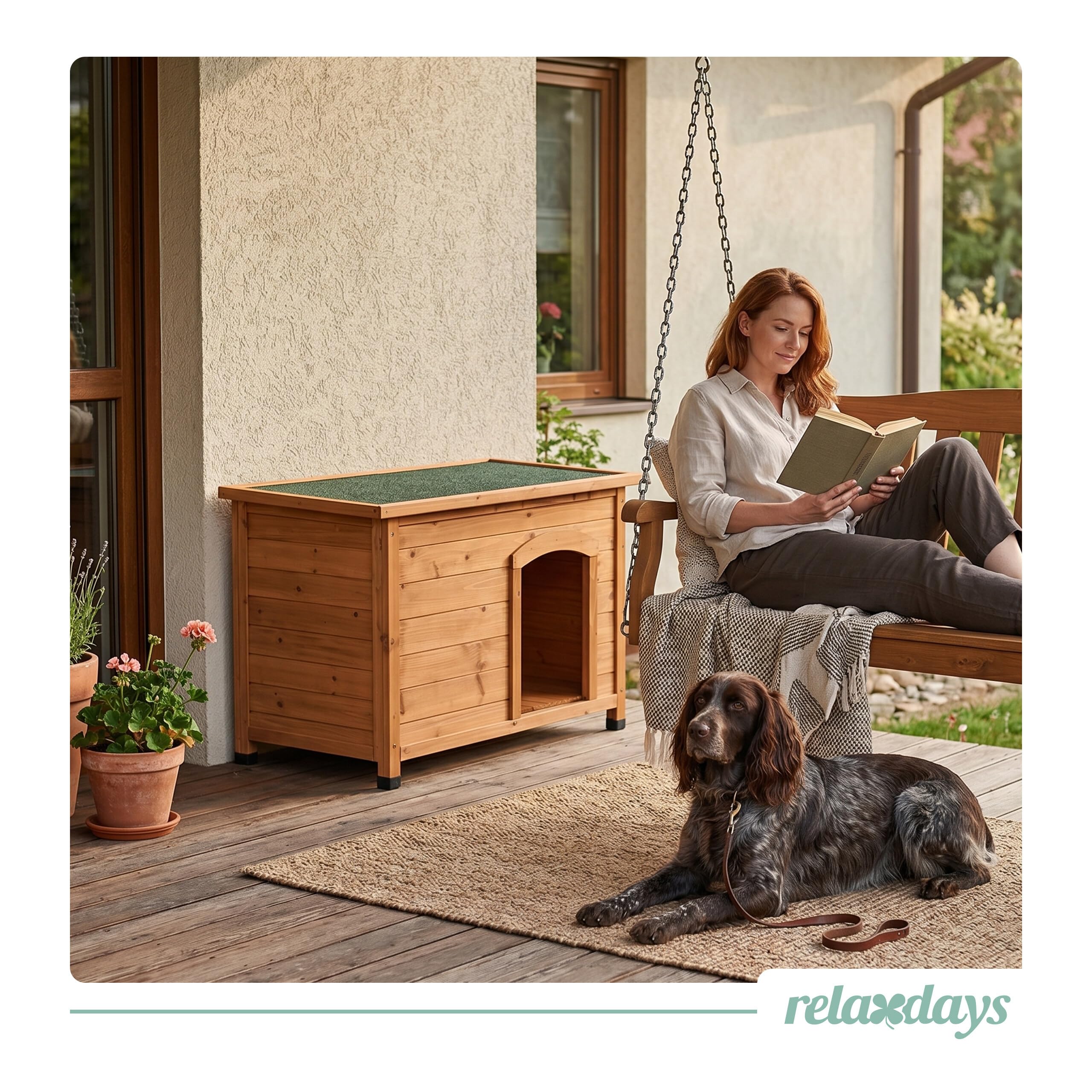 Relaxdays Hundehütte, Holz, HxBxT: 58,5 x 85 x 53 cm, wetterfestes, klappbares Dach, Outdoor Hundevilla, orange/grün