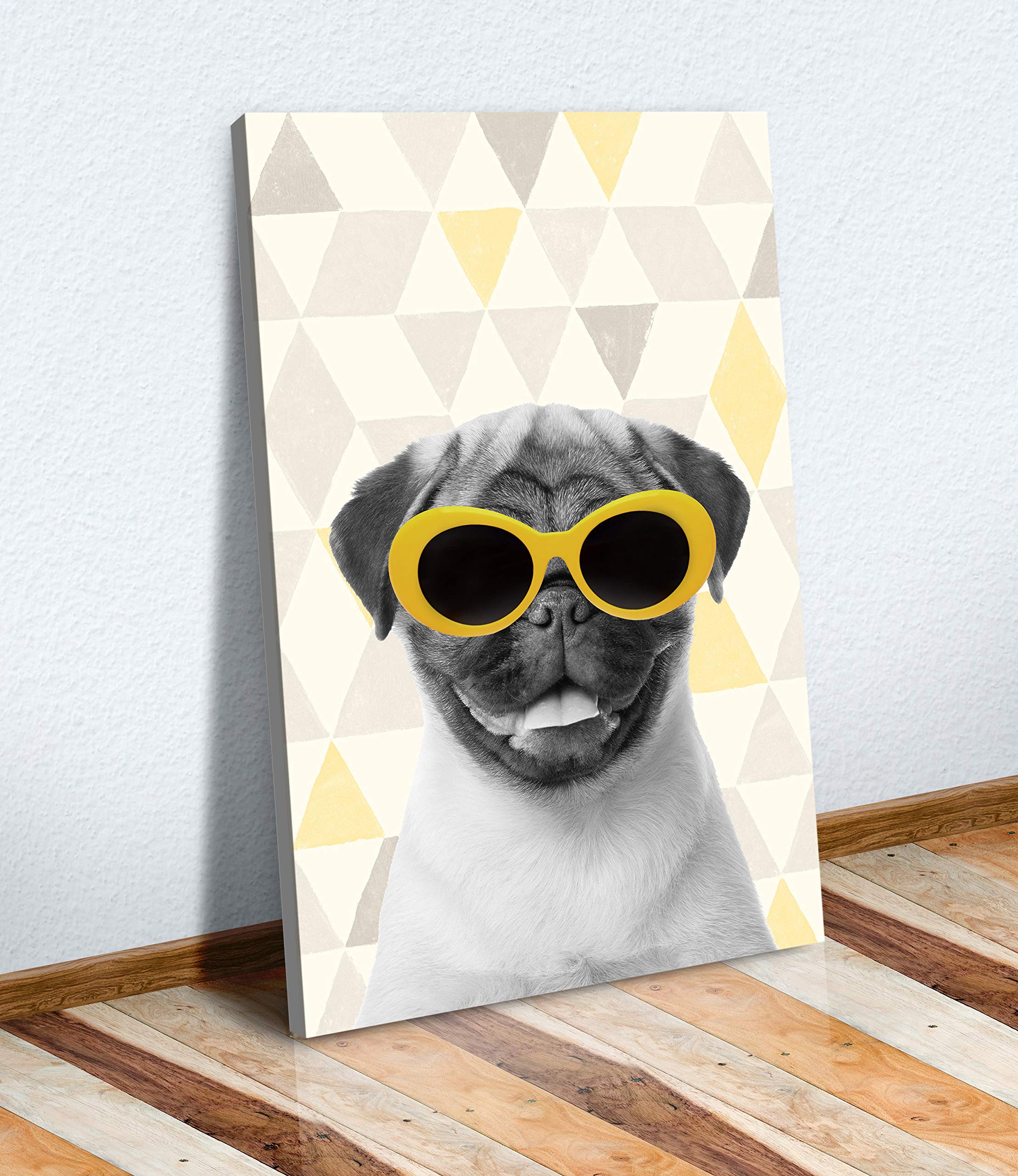 Canvasartshop Yellow Mustard Grey Geometric Canvas Wall Art Print Artwork Pug Sunglasses New (18In X 12In / 45Cm X 30Cm)