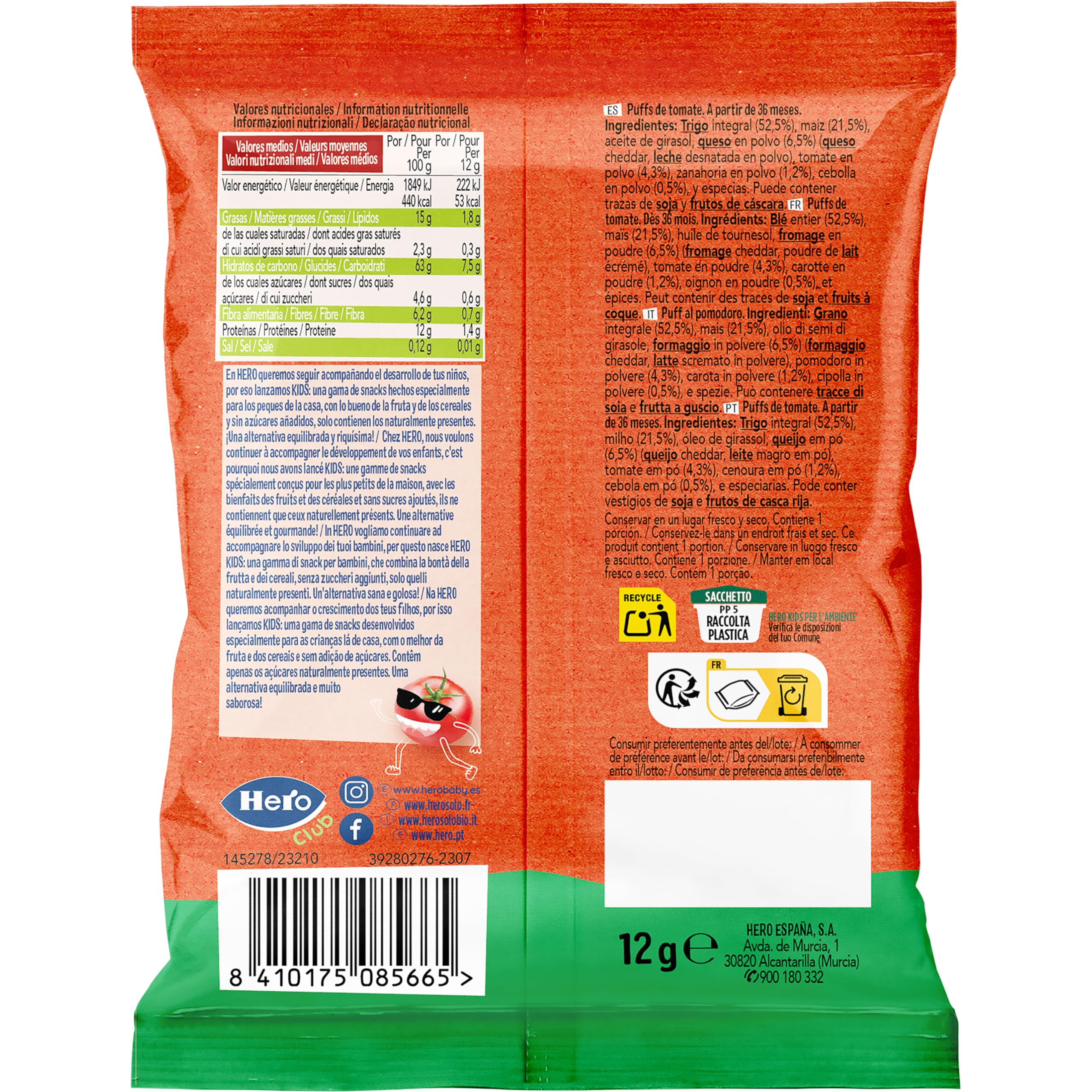 Hero Baby - Puff Snack de Tomate, Bolsa 12g, Ingredientes 100% Naturales, Fuente Natural de Fibra, Sin Sal Añadida, Sin Aceite de Palma, Sin Aditivos, Snack Infantil
