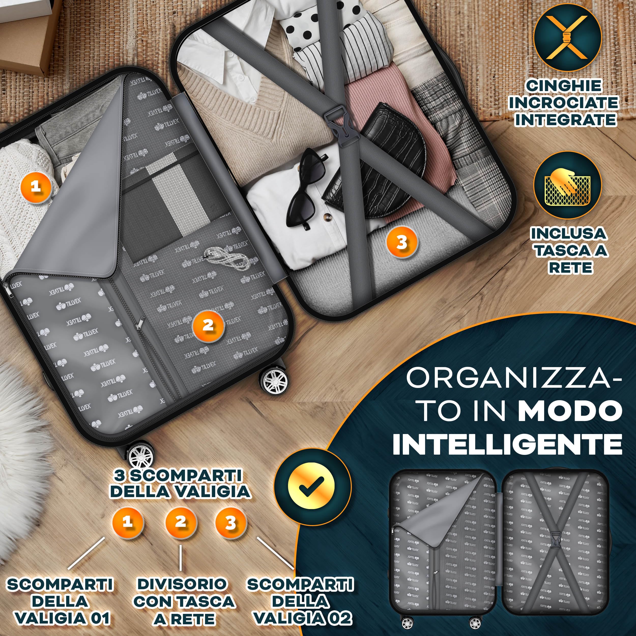 tillvex® Set 4 valigie rigide S-M-L-XL + bilancia, 4 cinghie e 4 etichette bagagli | Valigia da viaggio leggera con 4 ruote piroettanti | Guscio rigido in ABS con lucchetto TSA (Grigio/Antracite)