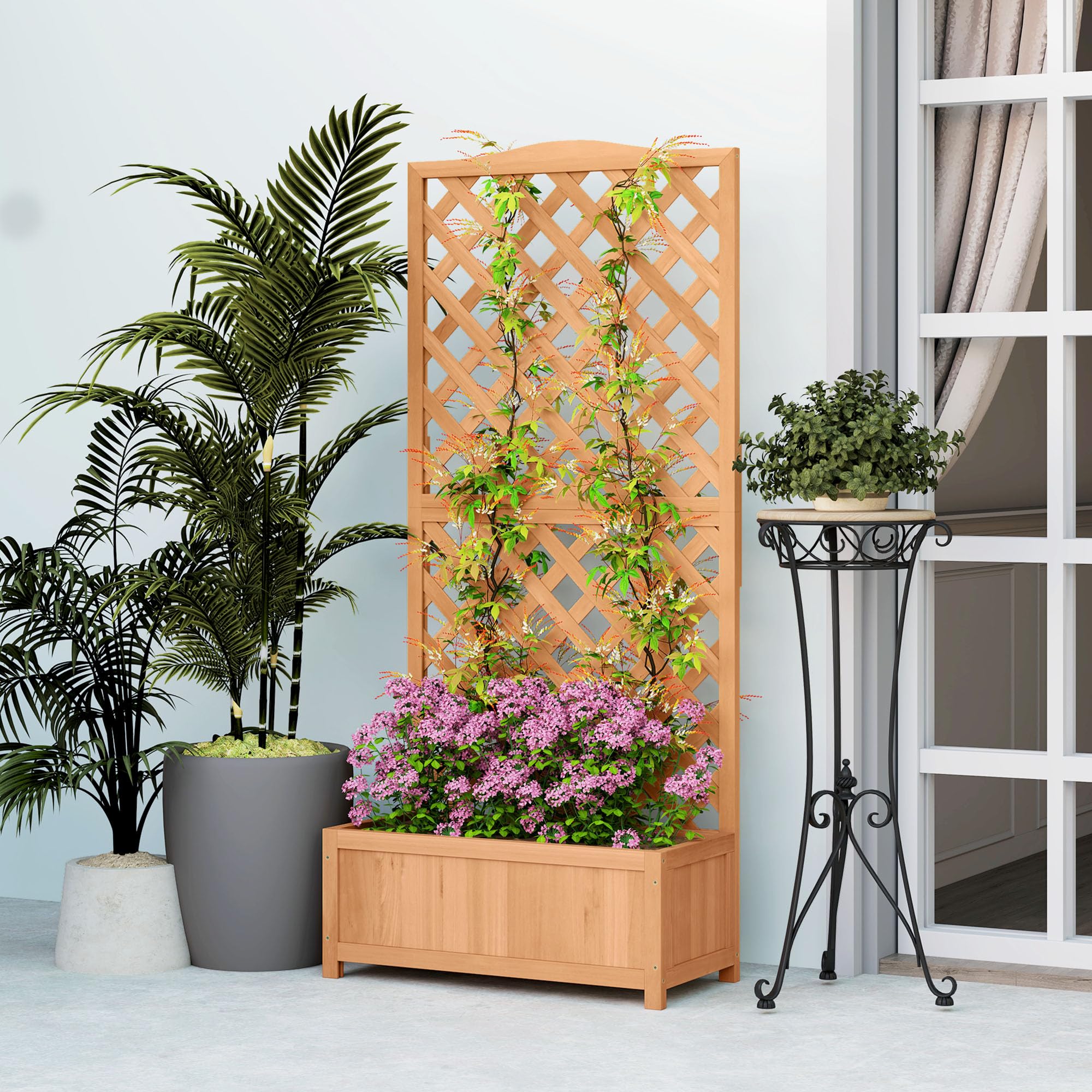 Outsunny Letto per Orto Rialzato da Esterno con Grigliato, Fioriera da Esterno con Traliccio per Piante Rampicanti in Legno di Abete, per Fiori e Verdure, per Giardino e Balcone, 76x36x170 cm, Marrone
