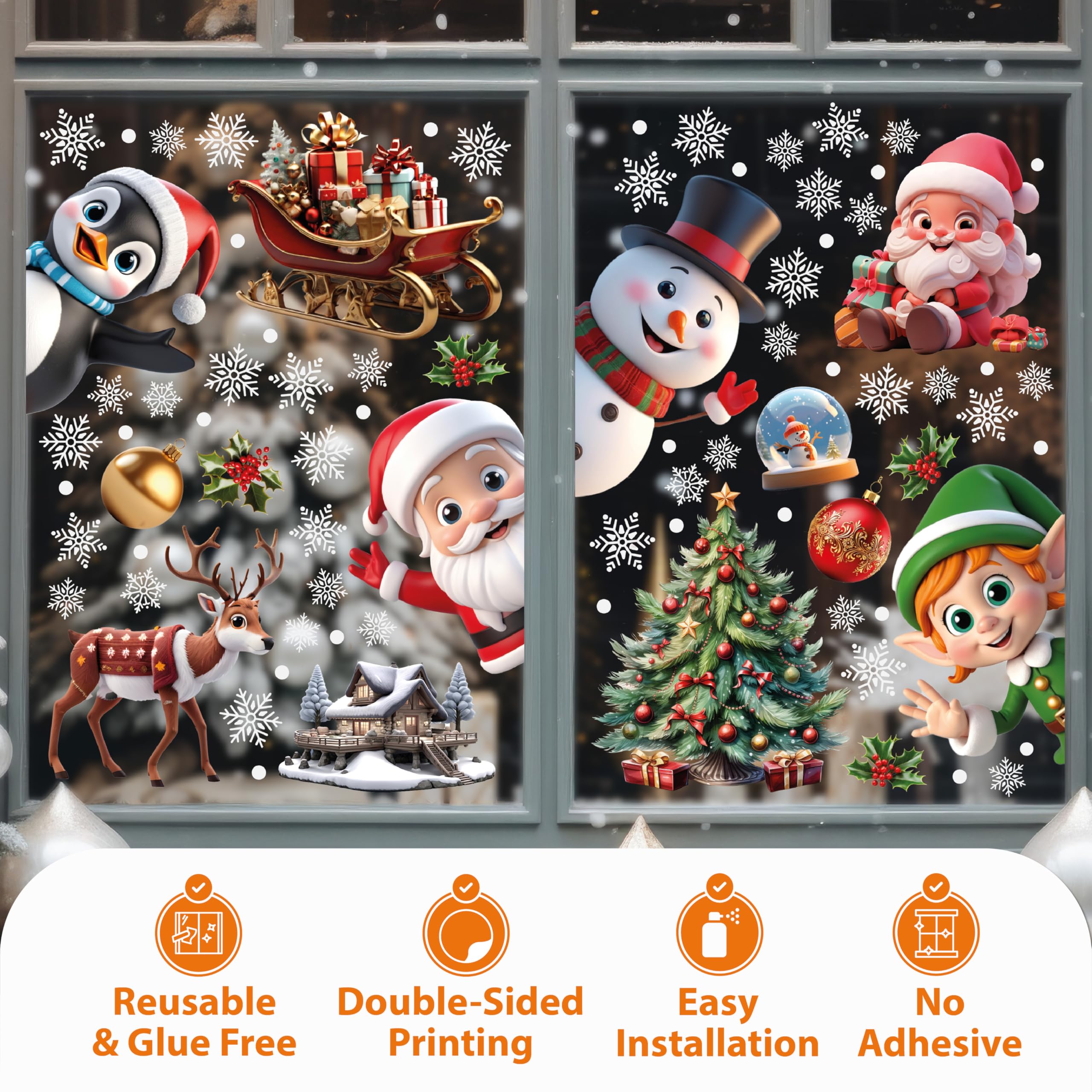WALPLUS Weihnachts-Fensteraufkleber, Weihnachtsdekoration, abnehmbar, wiederverwendbar, doppelseitig, Druck-Aufkleber für Glas, Wohnzimmer, Fenster, Dekoration, Weihnachtsmann und Freunde mit